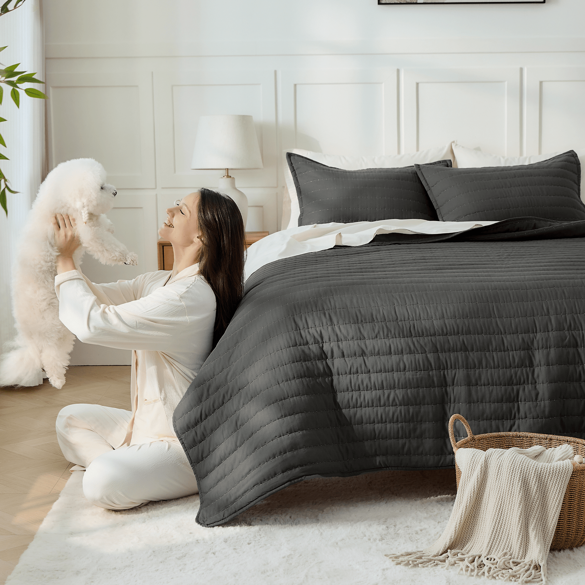 LITANIKA quilted bedspread and coverlet quilt set with textured stitching and soft fabric in a cozy bedroom setting