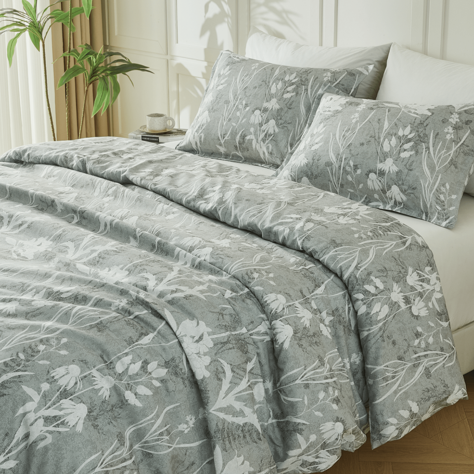 Reversible botanical flowers bedding duvet cover set by Litanika showing floral pattern on both sides.