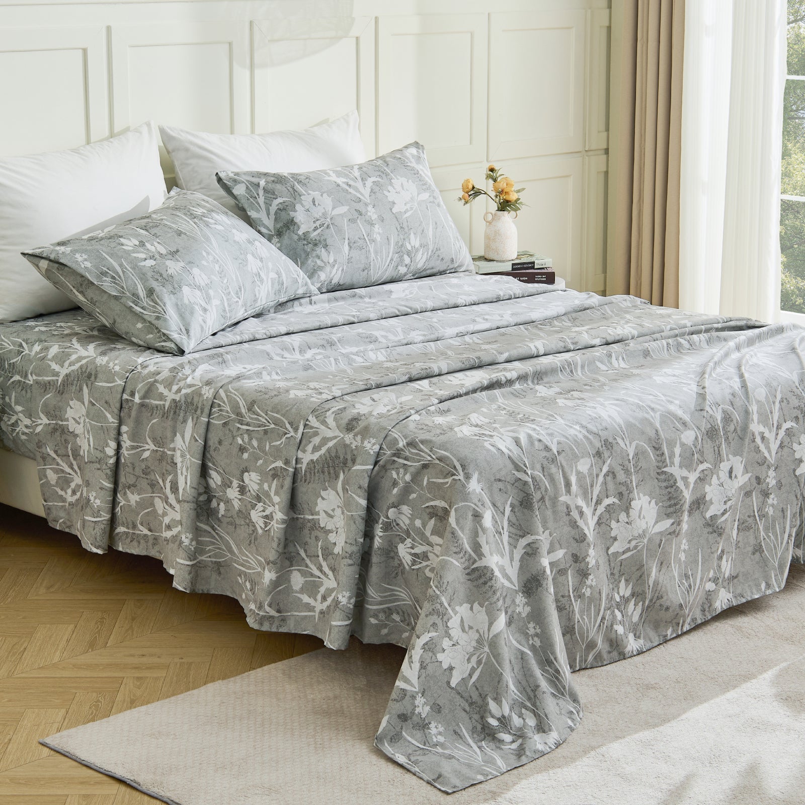Reversible botanical flowers sheet set by Litanika featuring floral patterns on soft bedding fabric.