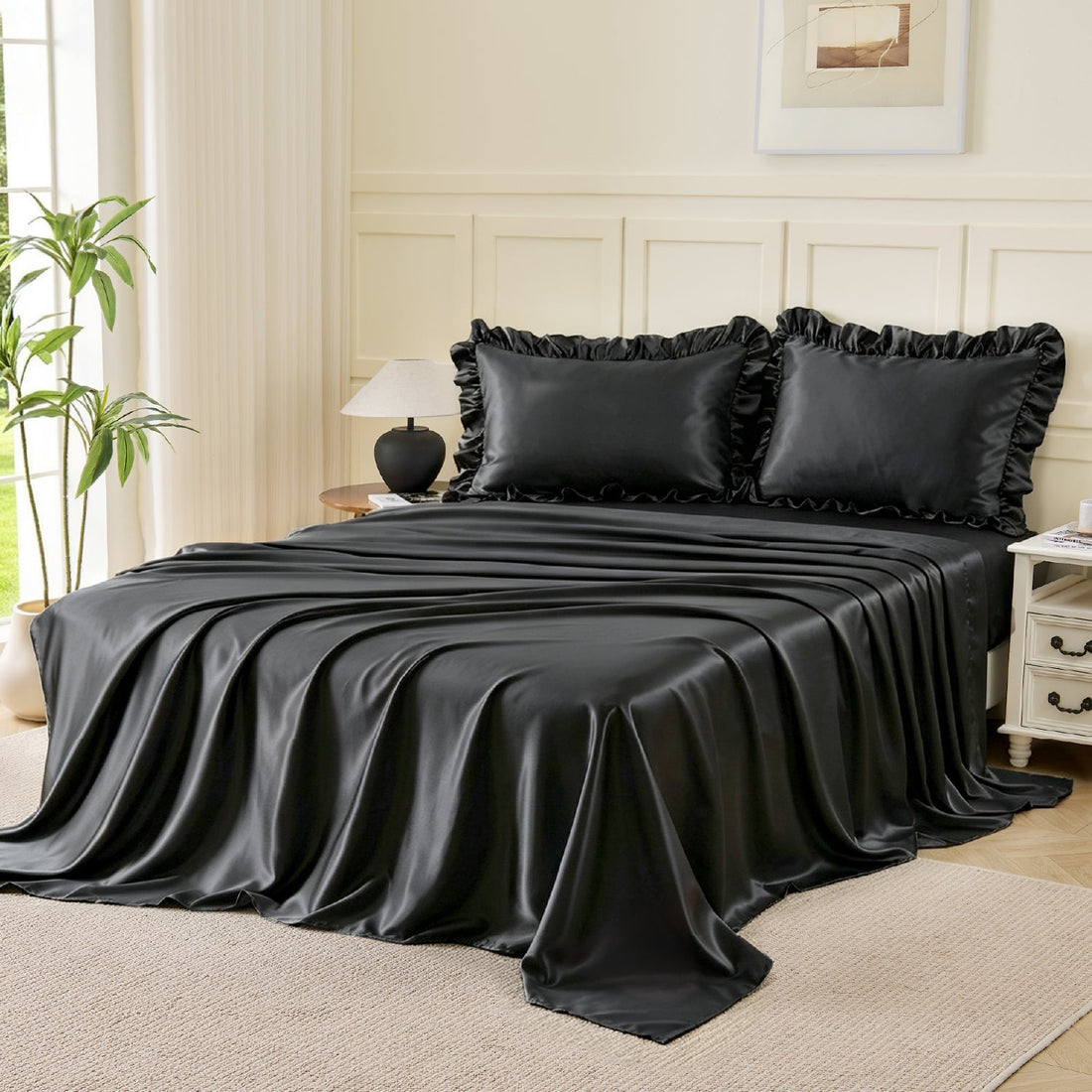 Romantic Satin Ruffle 4-Piece Sheet Set - LITANIKA
