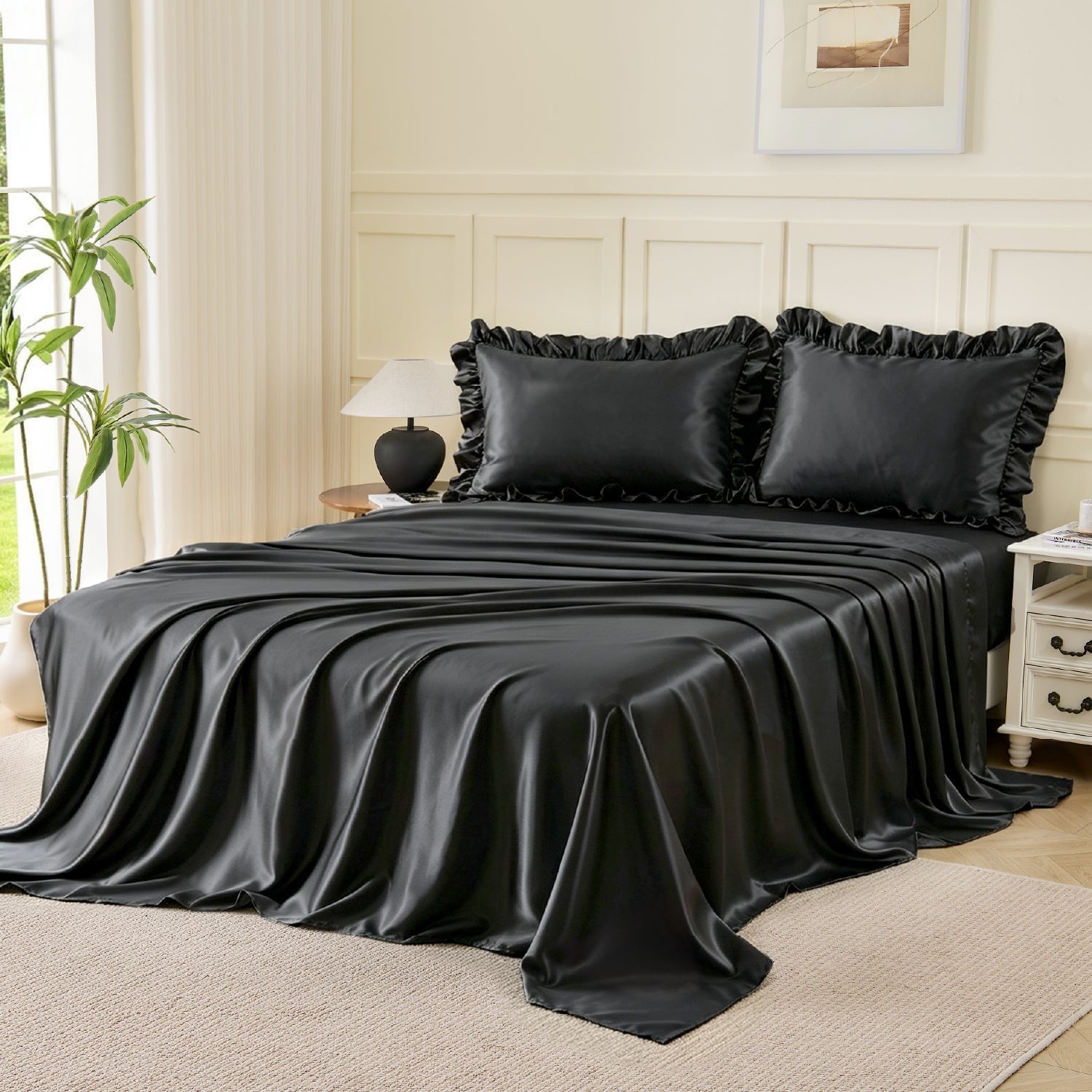 Romantic Satin Ruffle 4-Piece Sheet Set - LITANIKA