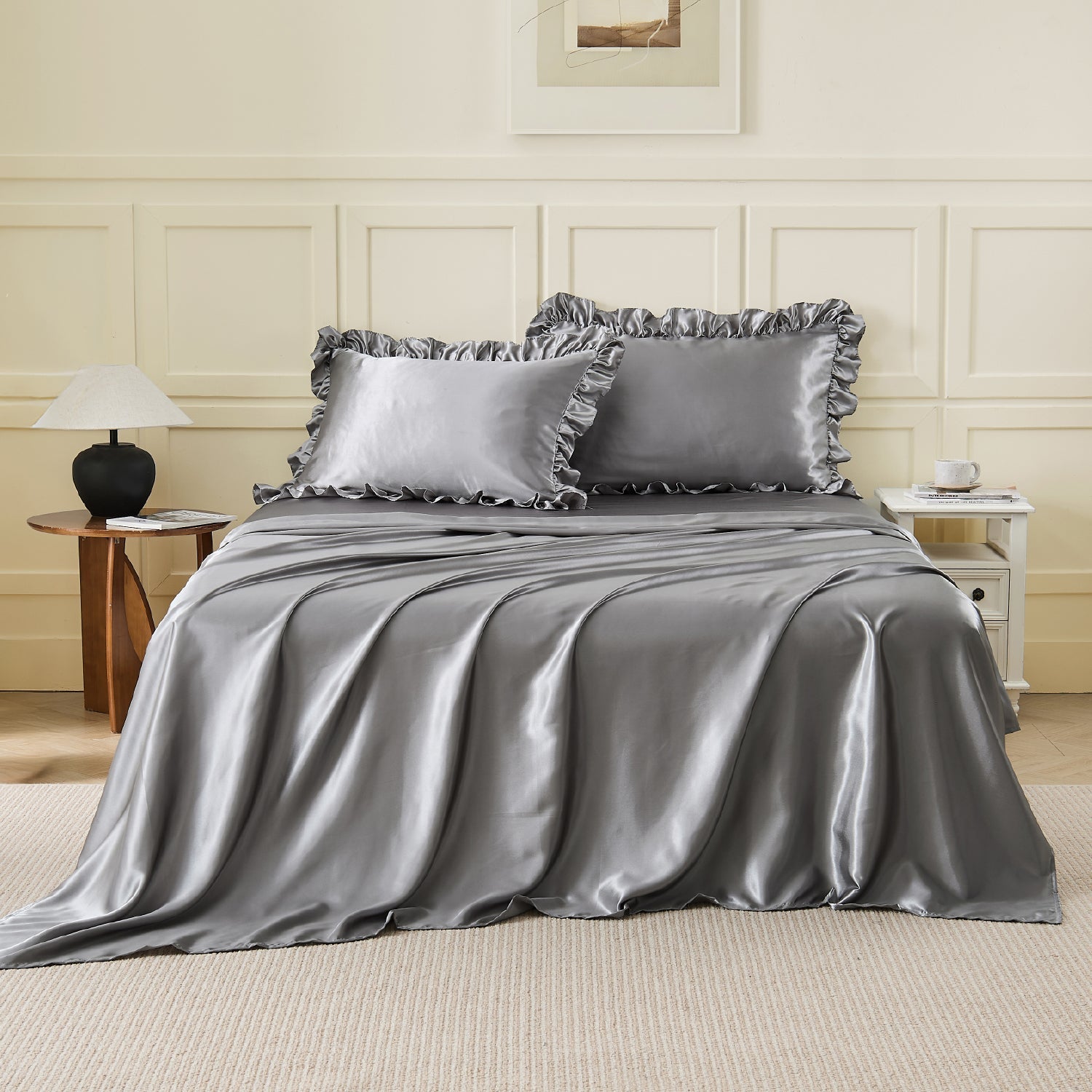 Romantic Satin Ruffle 4-Piece Sheet Set - LITANIKA