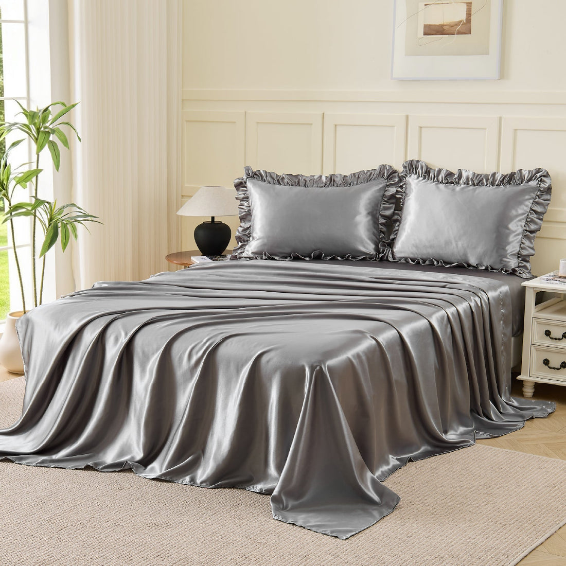 Romantic Satin Ruffle 4-Piece Sheet Set - LITANIKA