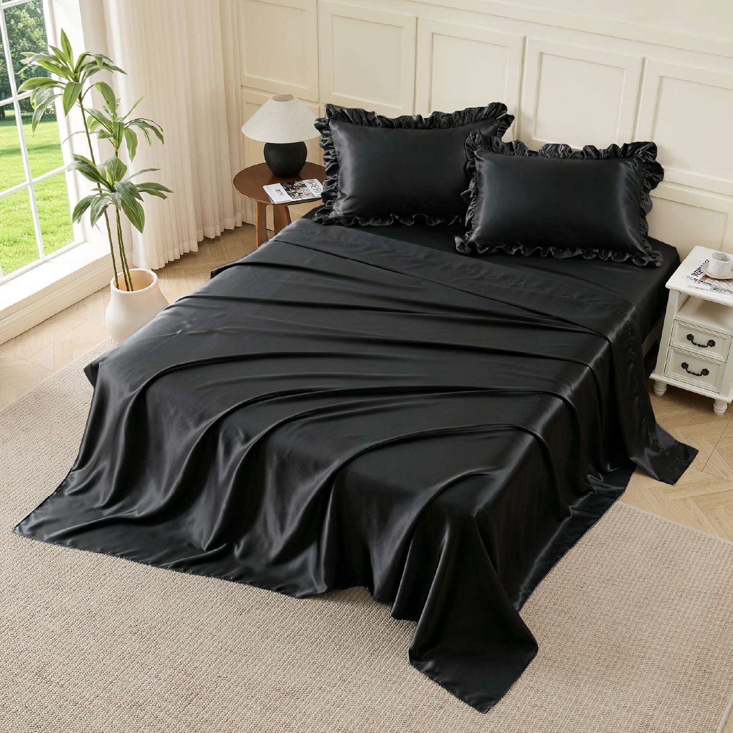 Romantic Satin Ruffle 4-Piece Sheet Set - LITANIKA