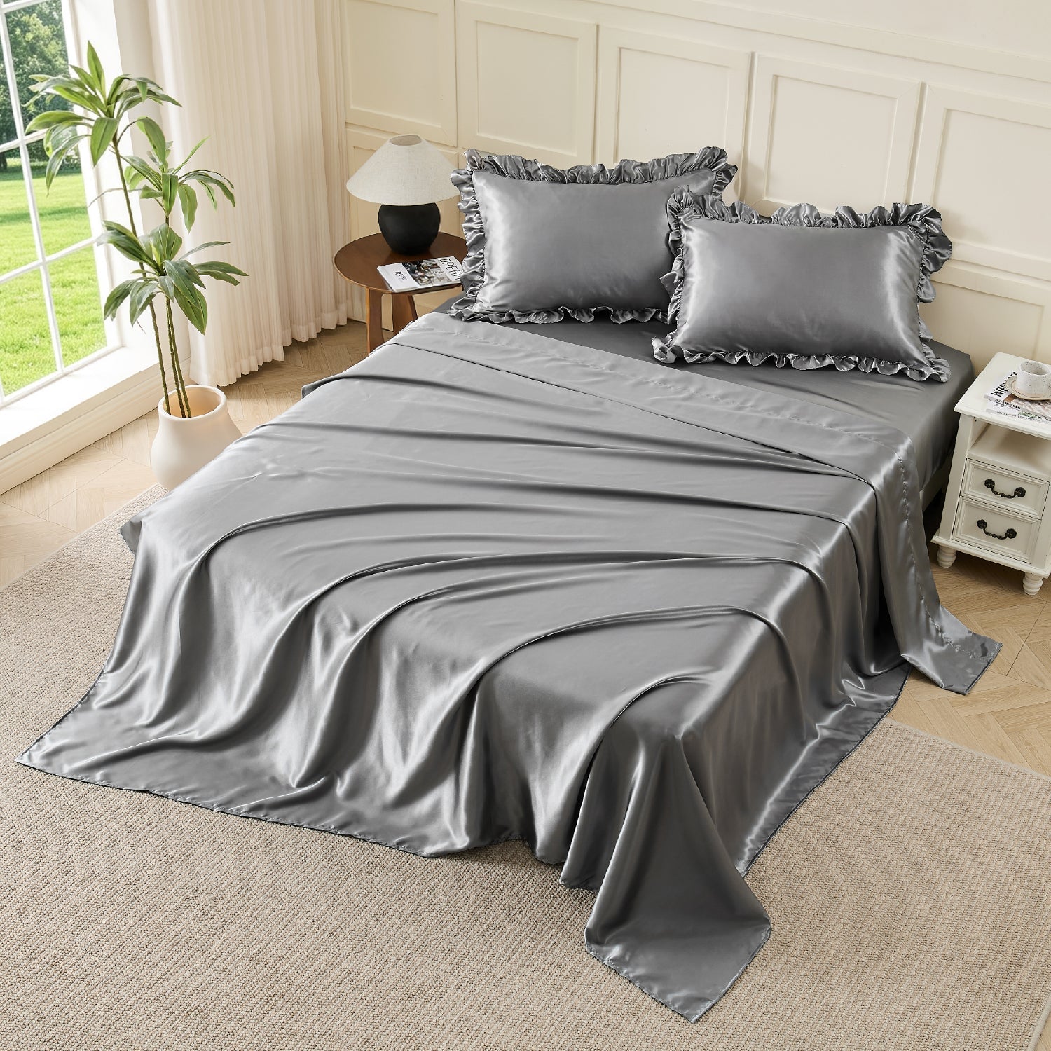 Romantic Satin Ruffle 4-Piece Sheet Set - LITANIKA