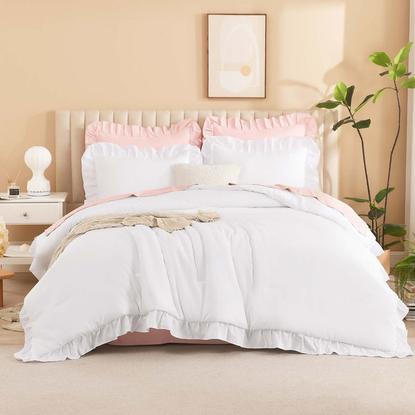 Litanika Ruffle Fluffy Comforter Set with lightweight, soft bedding featuring ruffle details, includes three-piece bedding set.