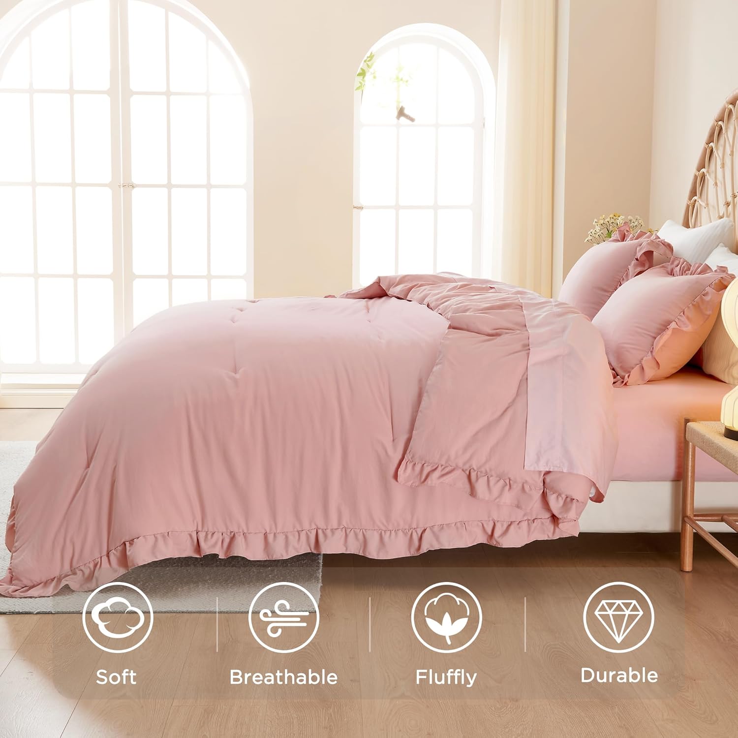 Litanika Ruffle Fluffy Comforter Set in soft bedding with ruffled edges and plush texture for cozy bedroom decor.