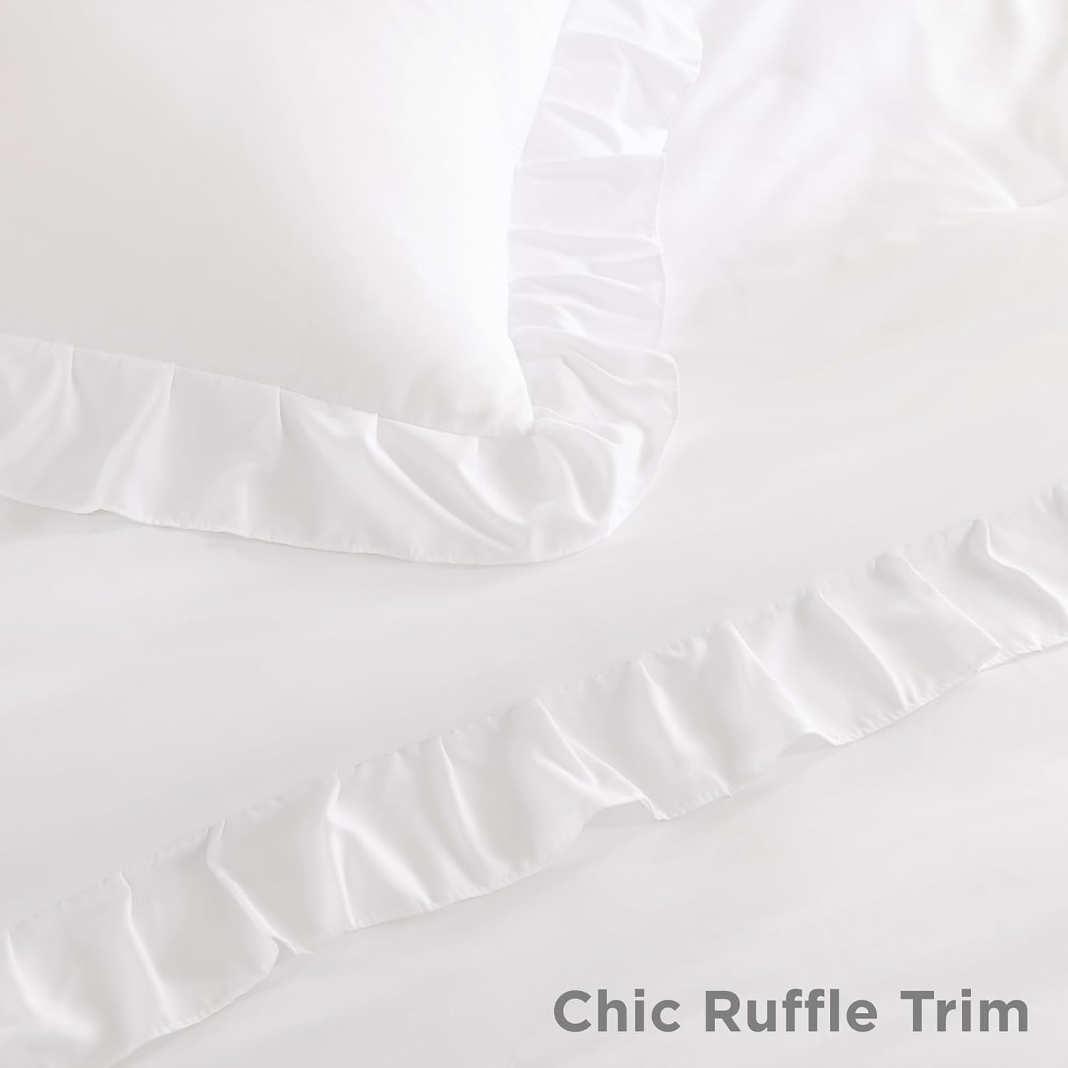 Litanika ruffle fluffy comforter set in soft bedding fabric with ruffled edges and plush, cozy appearance for a stylish bedroom decor
