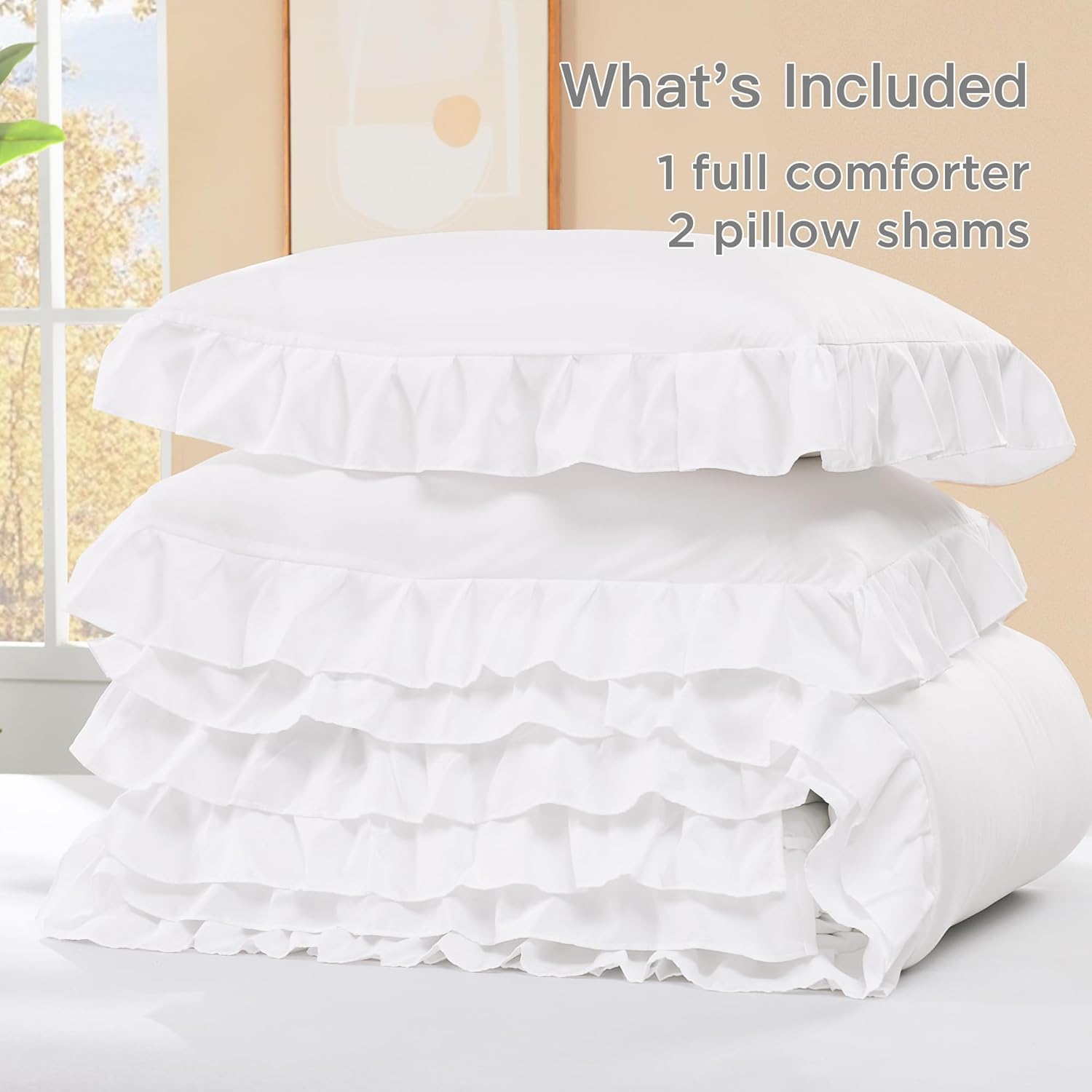 Litanika ruffle fluffy comforter set with soft, textured ruffles in a cozy bedding display.