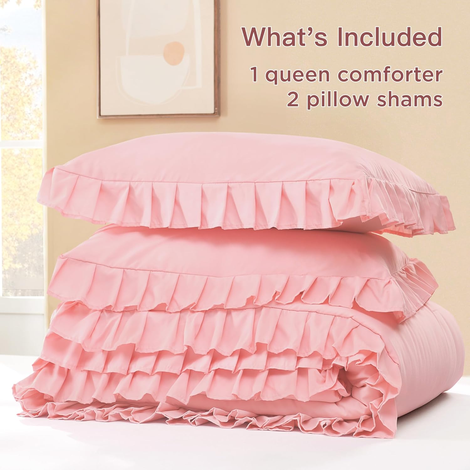 Litanika ruffle fluffy comforter set in soft, cozy bedding with ruffled edges and plush texture for a comfortable bedroom look.