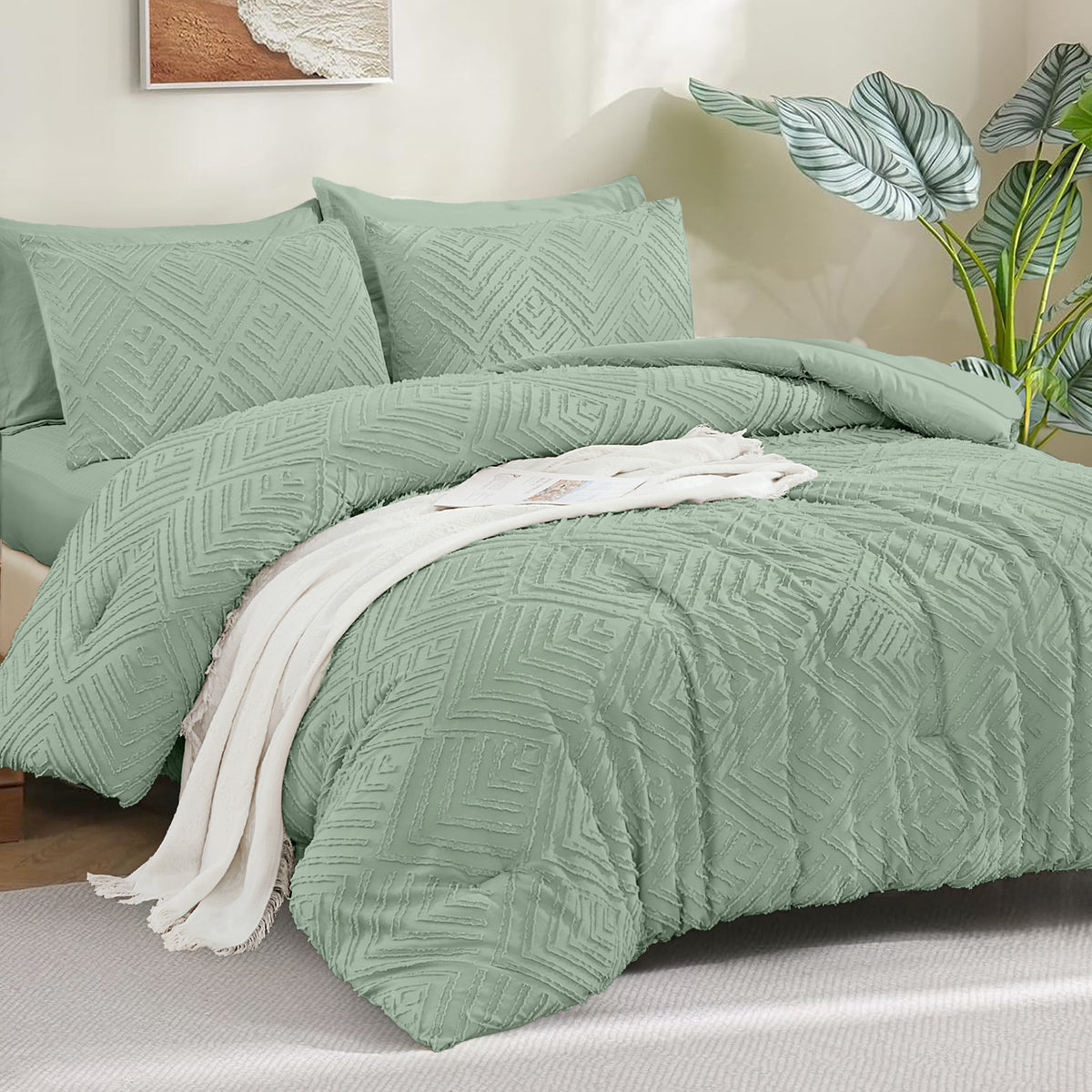 ANGENIA Comforter Sets - 7 Pieces Bed in a Bag Soft Fluffy Bedding Comforter Sets, All Season Boho Tufted Bed Set with Comforter, Sheets, Pillowcases & Shams