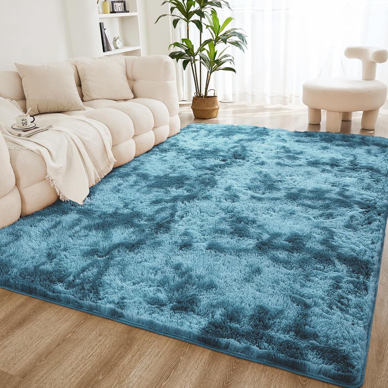 Tie-dyed Litanika shag area rug with high pile, suitable for living rooms, bedrooms, playrooms, and dorms.