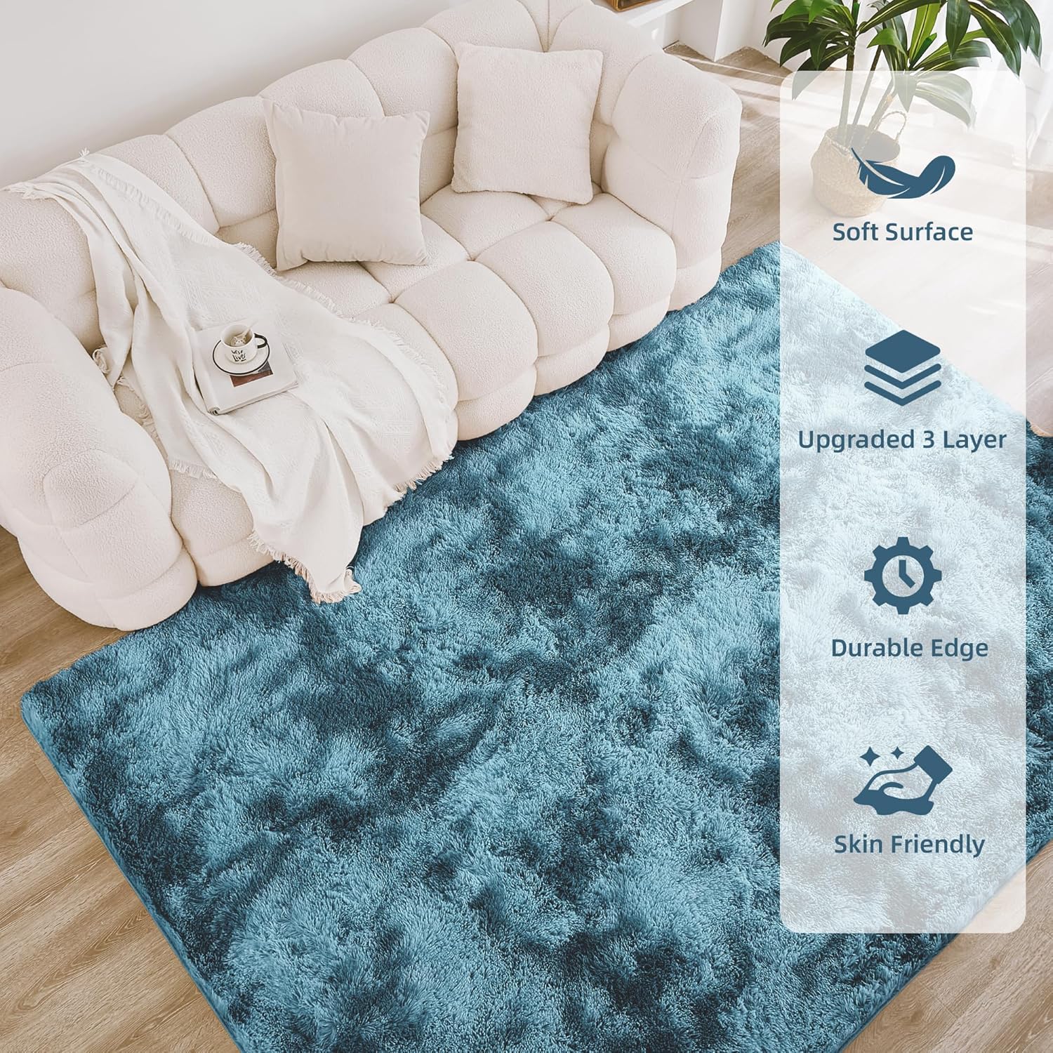 Litanika tie-dyed shag area rug with high pile, ideal for living rooms, bedrooms, playrooms, and dorms.