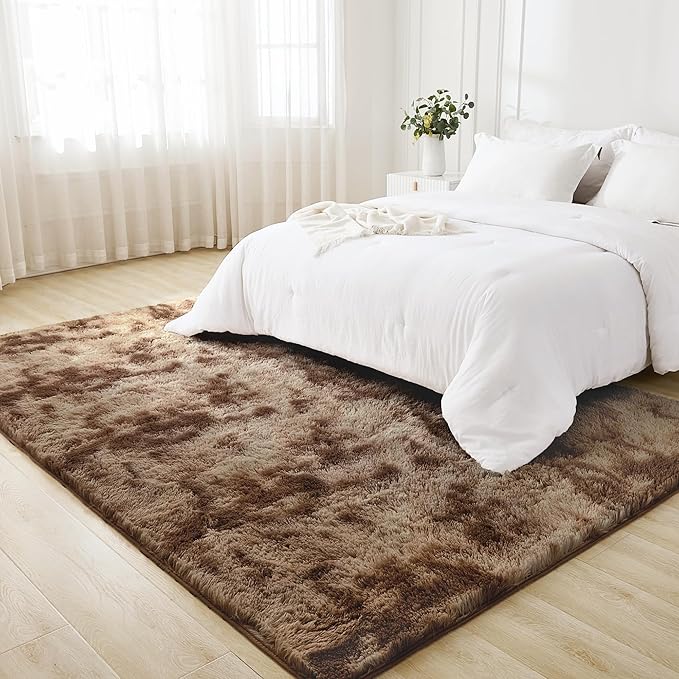 Tie-dyed Litanika shag area rug with high pile, ideal for living rooms, bedrooms, playrooms, or dorms, soft and plush.