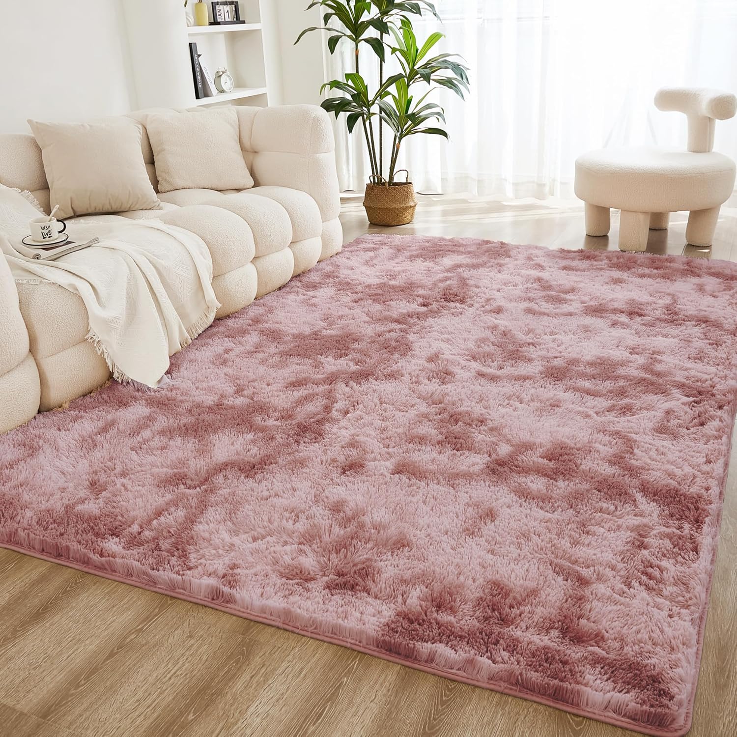 Litanika tie-dyed shag area rug with high pile, ideal for living rooms, bedrooms, playrooms, and dorms.