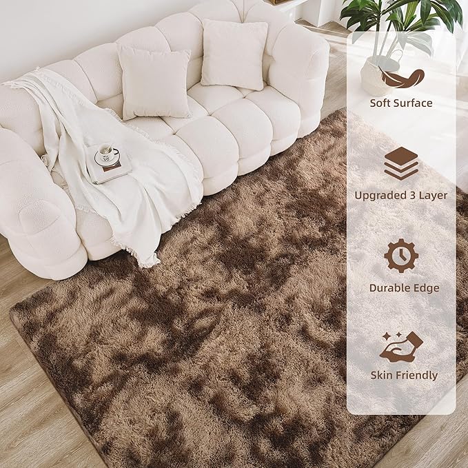Tie-dyed Litanika shag area rug with high pile, ideal for living rooms, bedrooms, playrooms, and dorms.