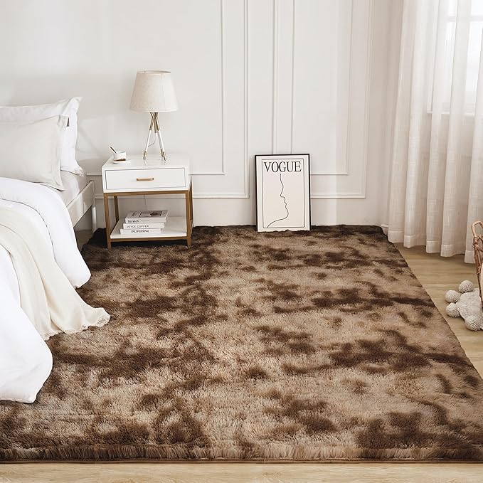 Tie-dyed high pile shag area rug by Litanika, ideal for living rooms, bedrooms, and playrooms with a cozy, textured look.