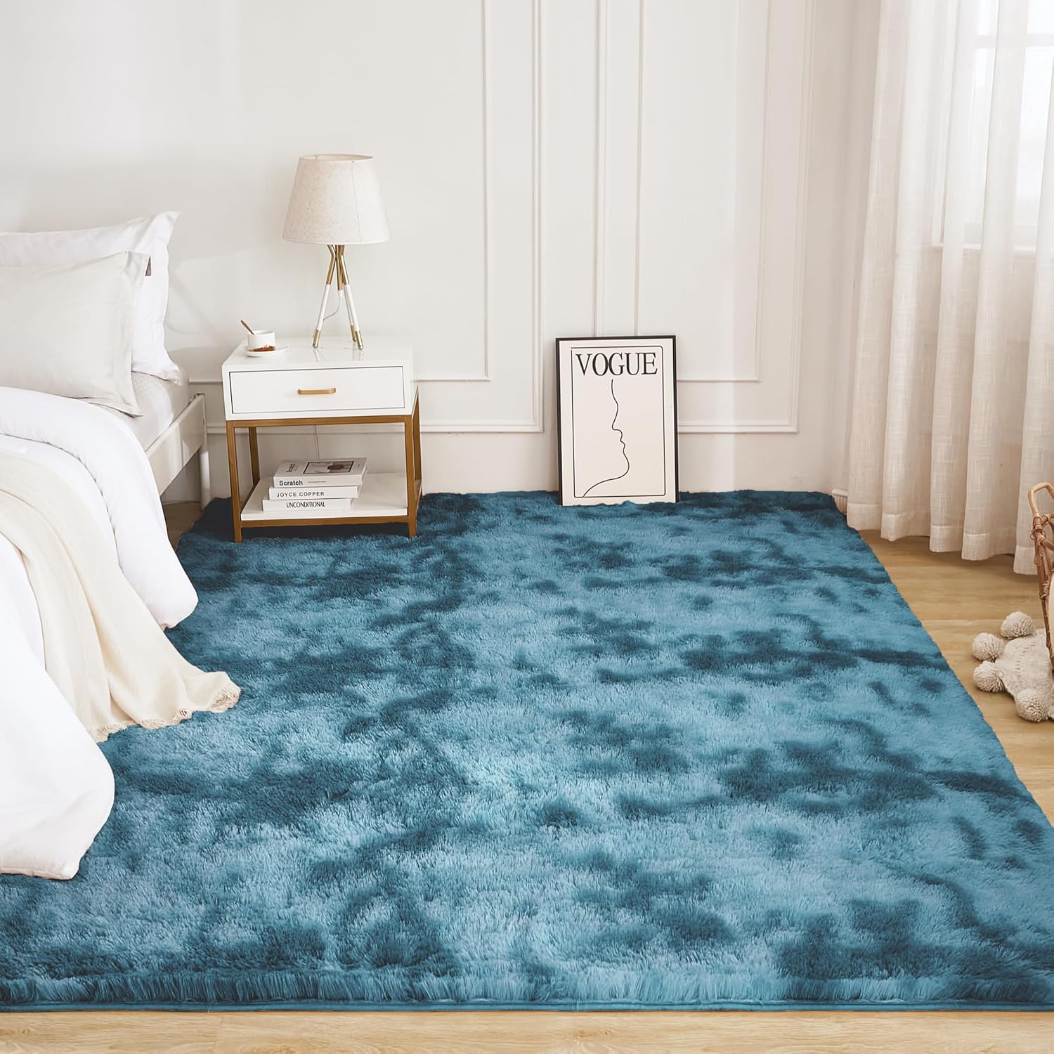 Tie-dyed high pile shag area rug by Litanika, perfect for living rooms, bedrooms, and playrooms with a soft, plush texture.