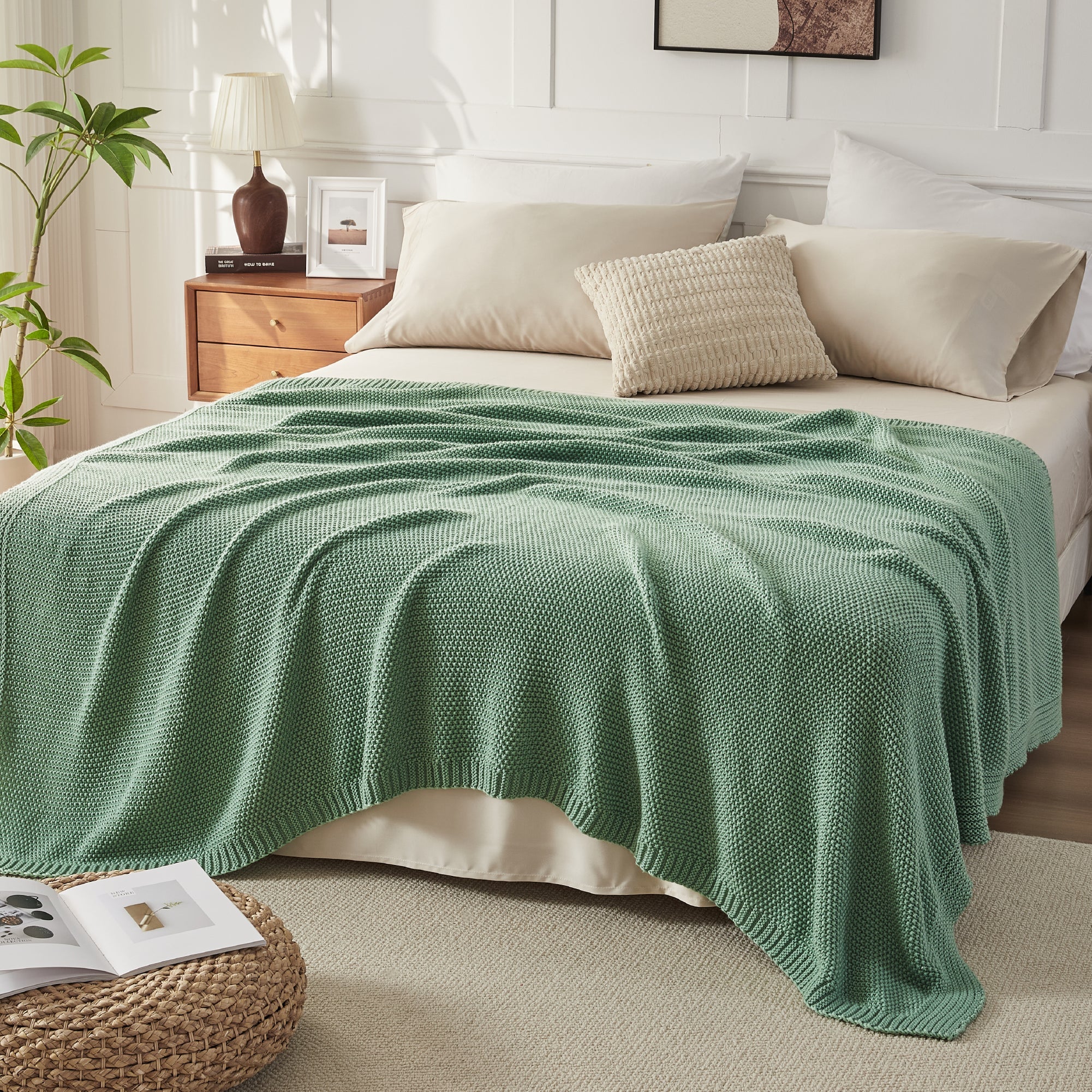 Soft cozy cable knit throw blanket by Litanika, featuring chunky knit texture and plush fabric for warm bedding comfort.