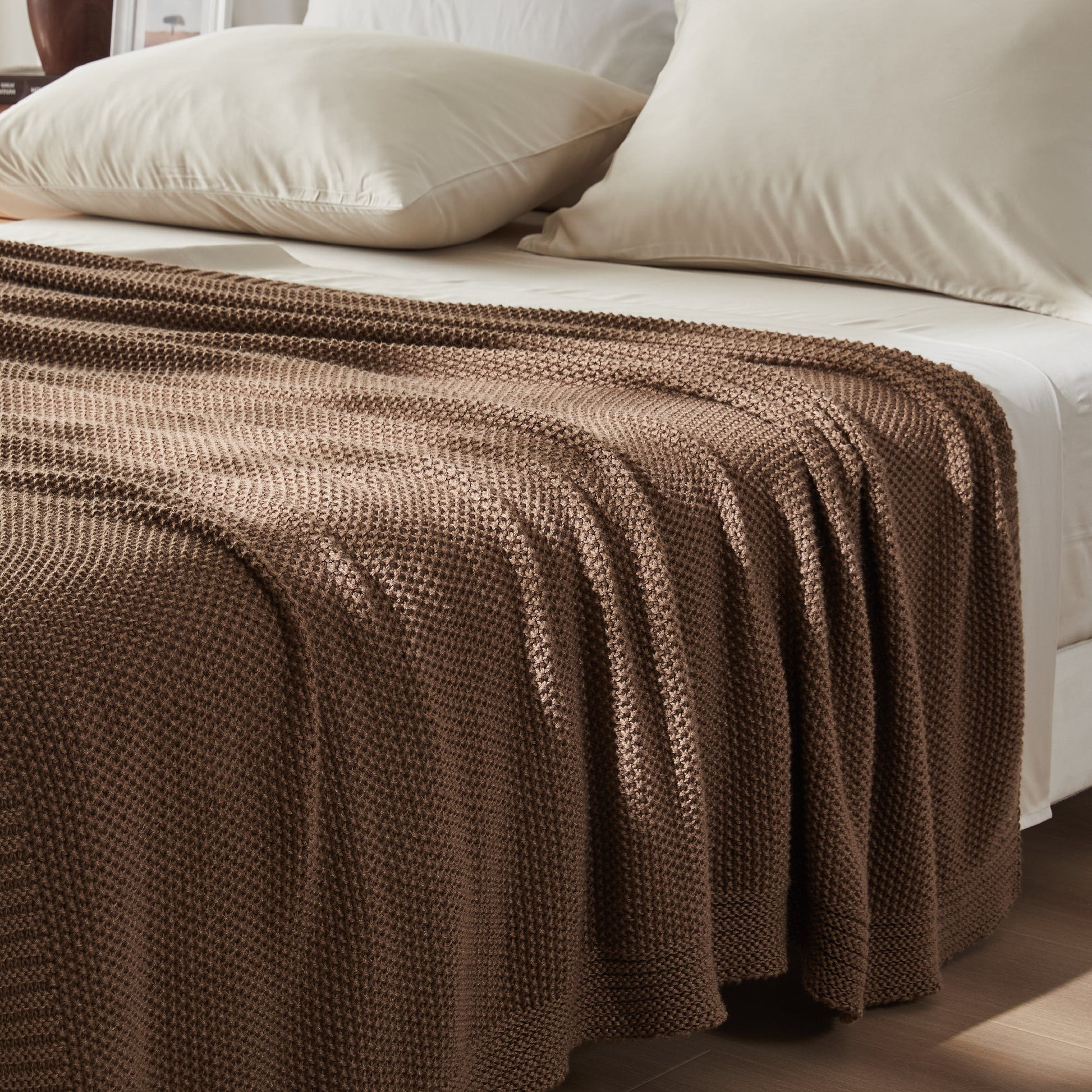 Litanika soft cozy cable knit throw blanket in neutral color, perfect for bedding or sofa decor.