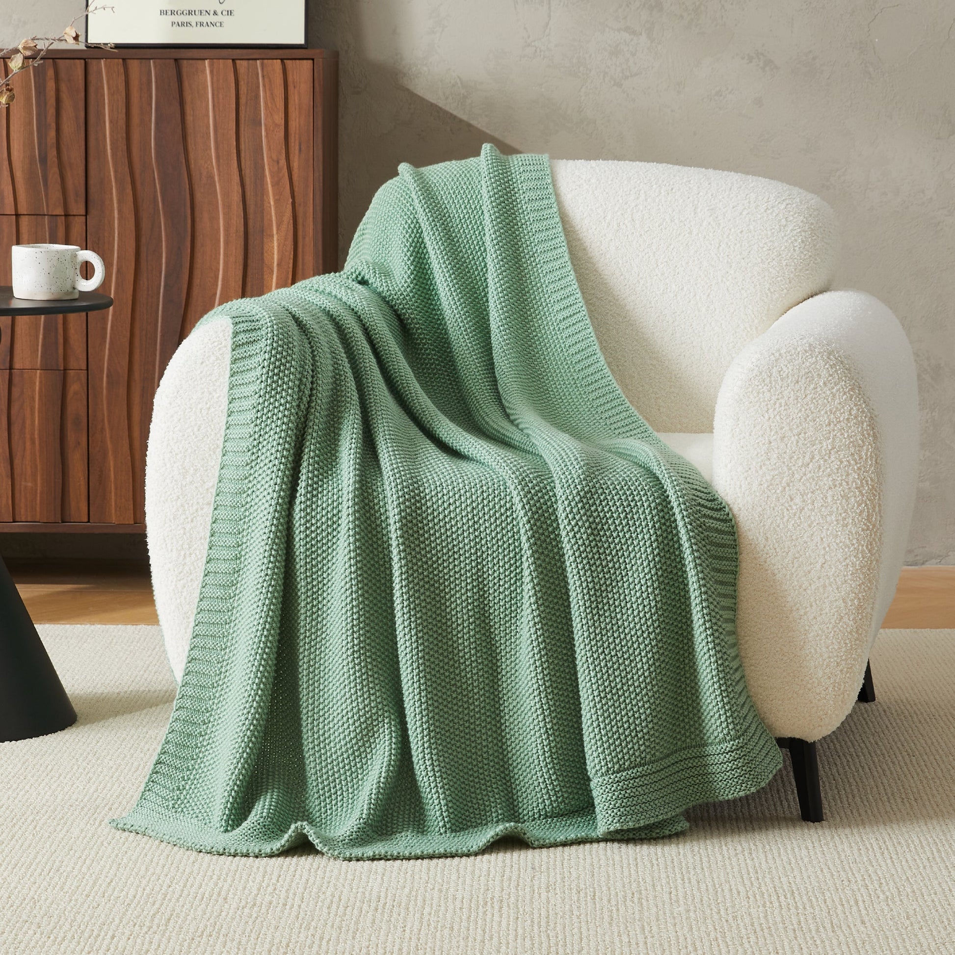 Litanika soft cozy cable knit throw blanket in warm neutral tones, perfect for bedding or cozying up on the sofa