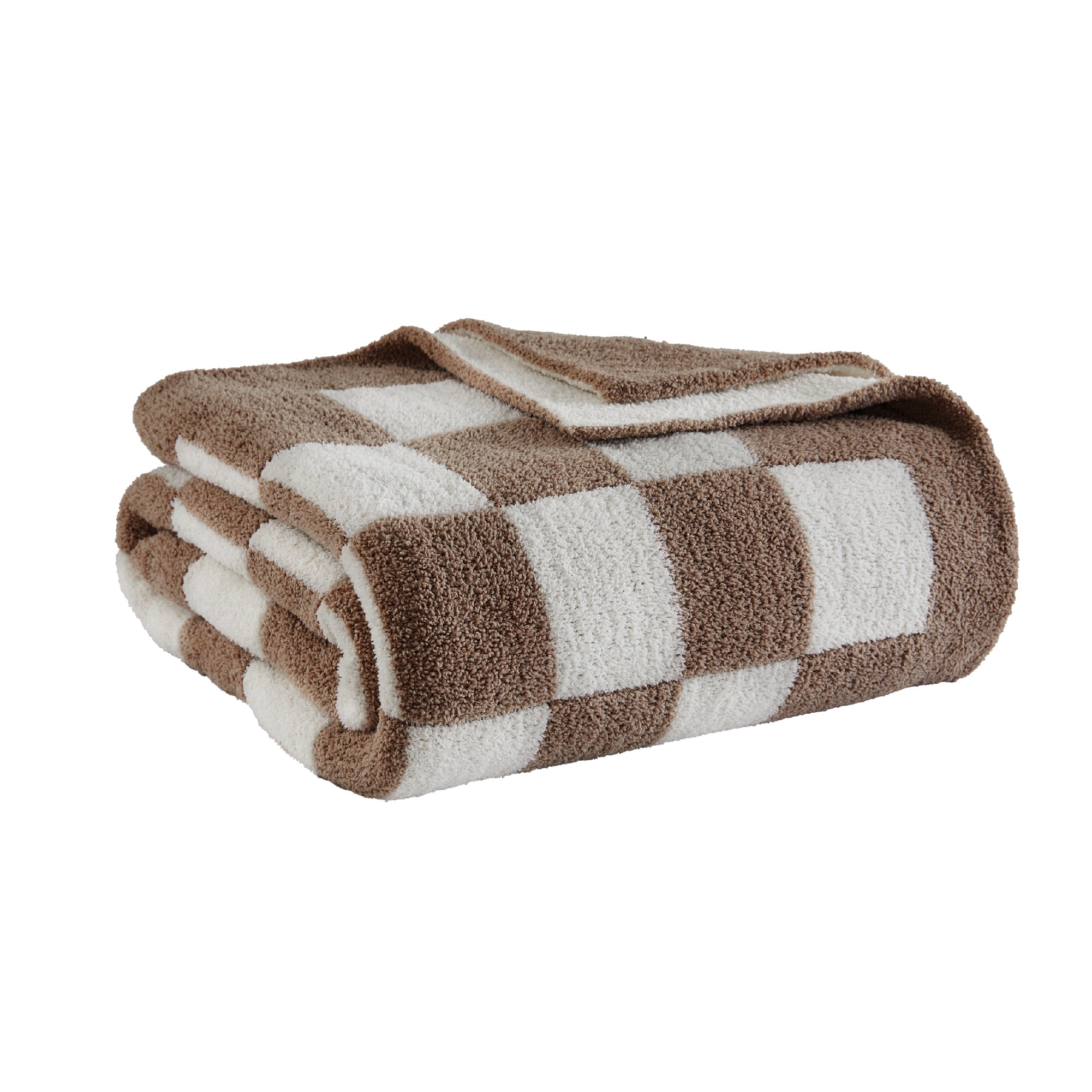 Litanika soft knit checkered throw blanket draped over a bed, showcasing cozy bedding with a classic checkered pattern.