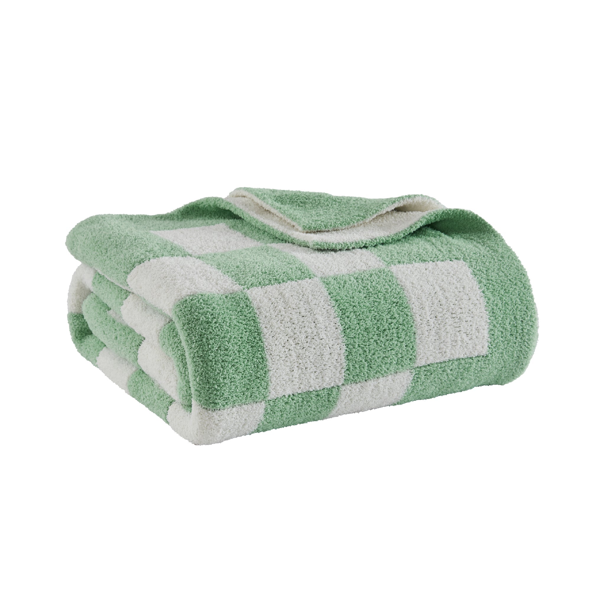 Litanika soft knit checkered throw blanket draped over a bed, showcasing cozy bedding with a plaid pattern in neutral tones.