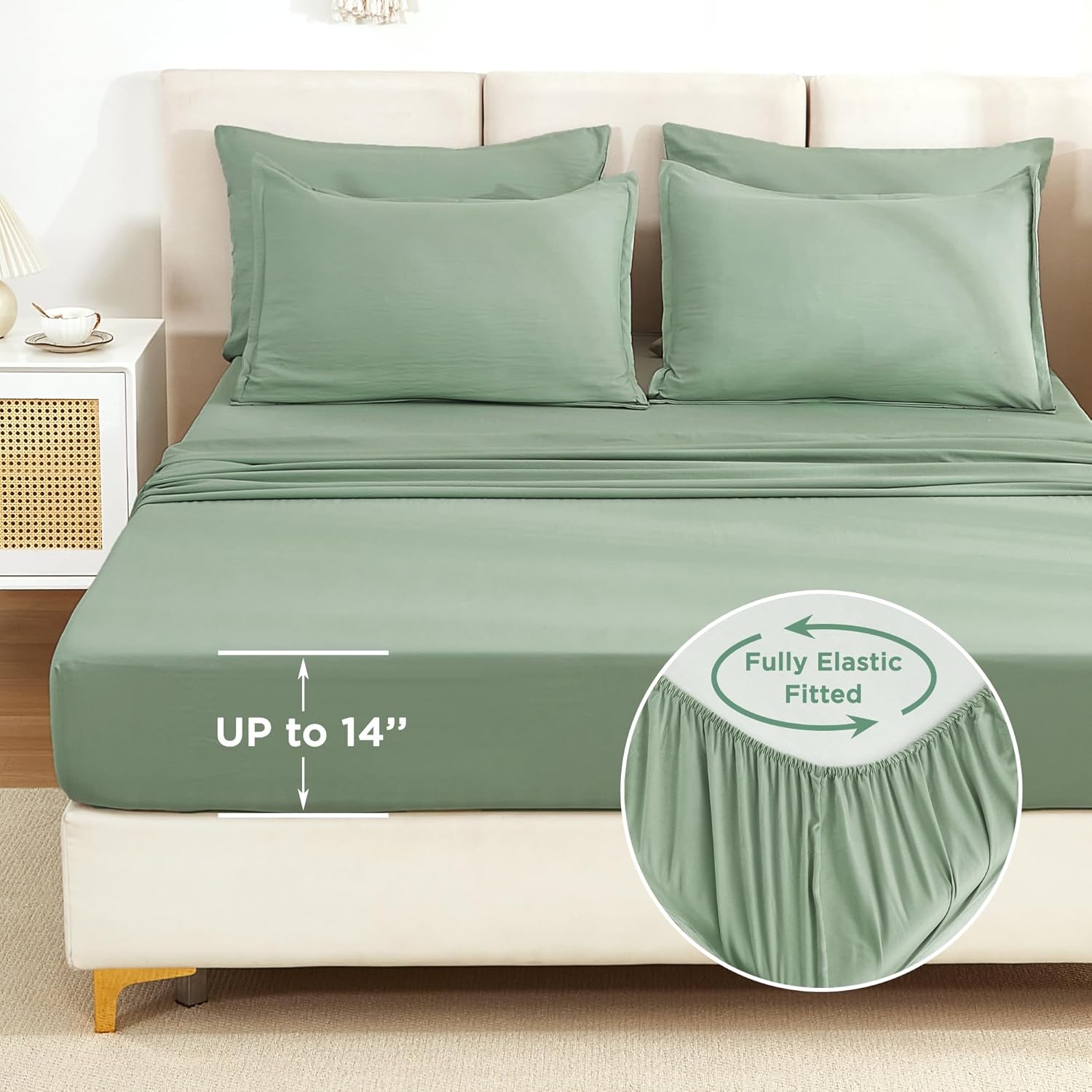 Litanika solid sage green twin size 7-piece down comforter bedding set with matching pillow shams and sheets.