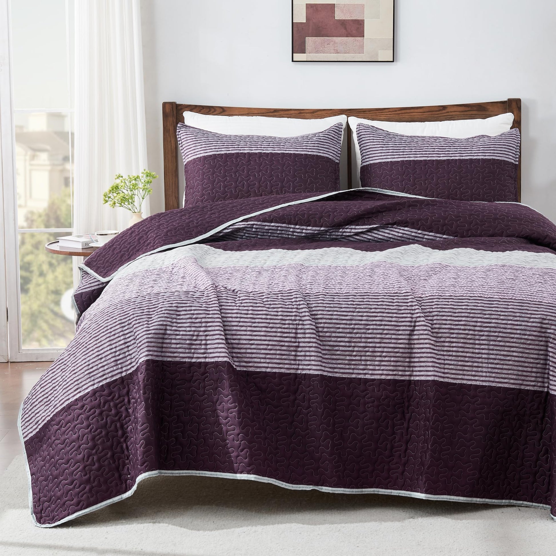 Stripe Patchwork Bedspread Soft Lightweight Microfiber Coverlet 3 Pieces Quilt Set - LITANIKA