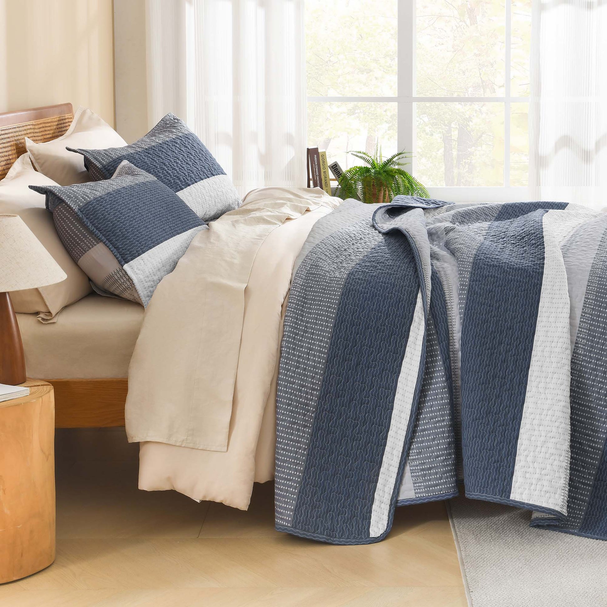 Stripe Patchwork Bedspread Soft Lightweight Microfiber Coverlet 3 Pieces Quilt Set - LITANIKA