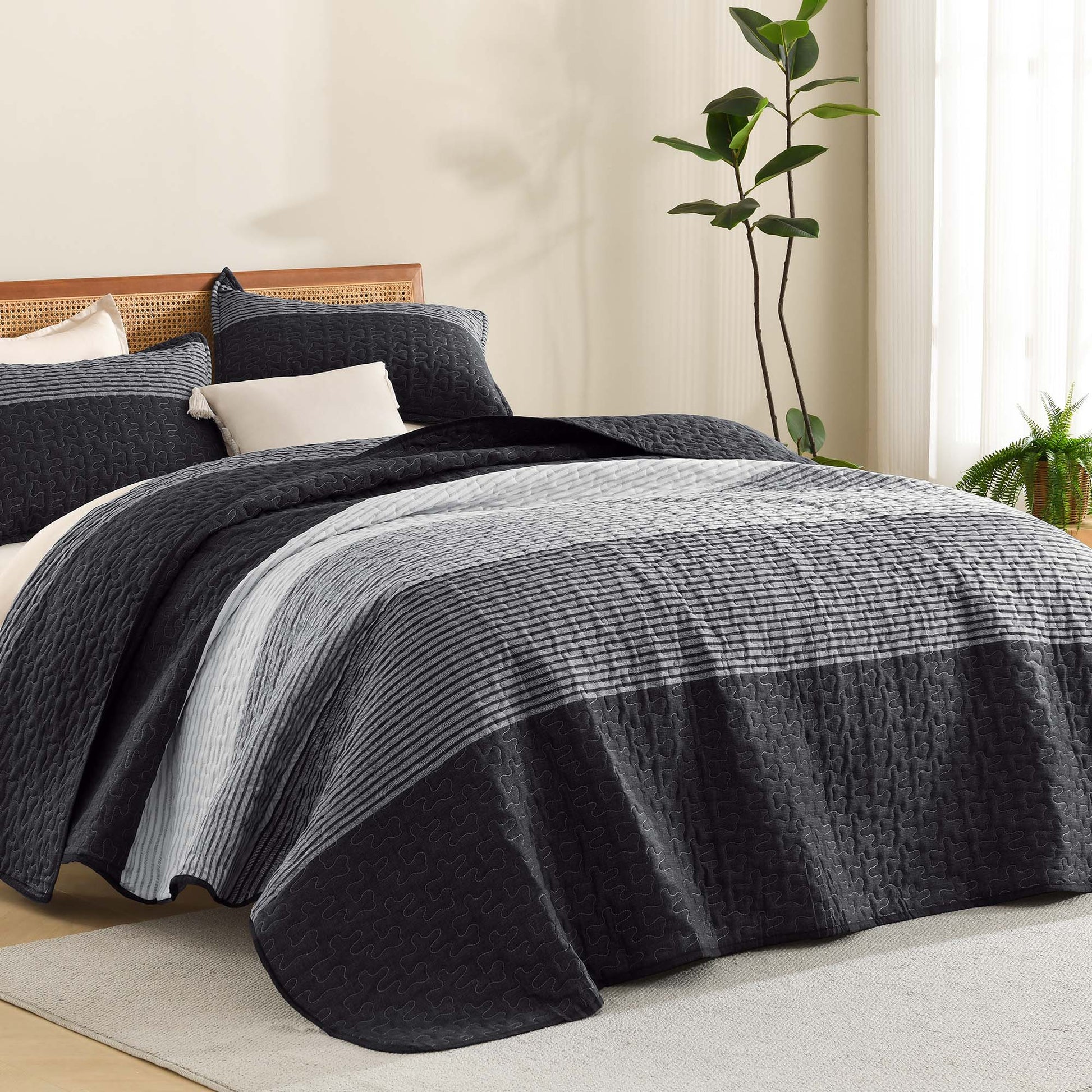 Stripe Patchwork Bedspread Soft Lightweight Microfiber Coverlet 3 Pieces Quilt Set - LITANIKA