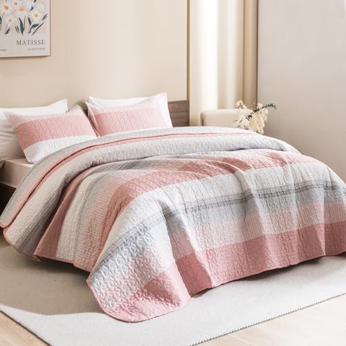 Stripe Patchwork Bedspread Soft Lightweight Microfiber Coverlet 3 Pieces Quilt Set - LITANIKA