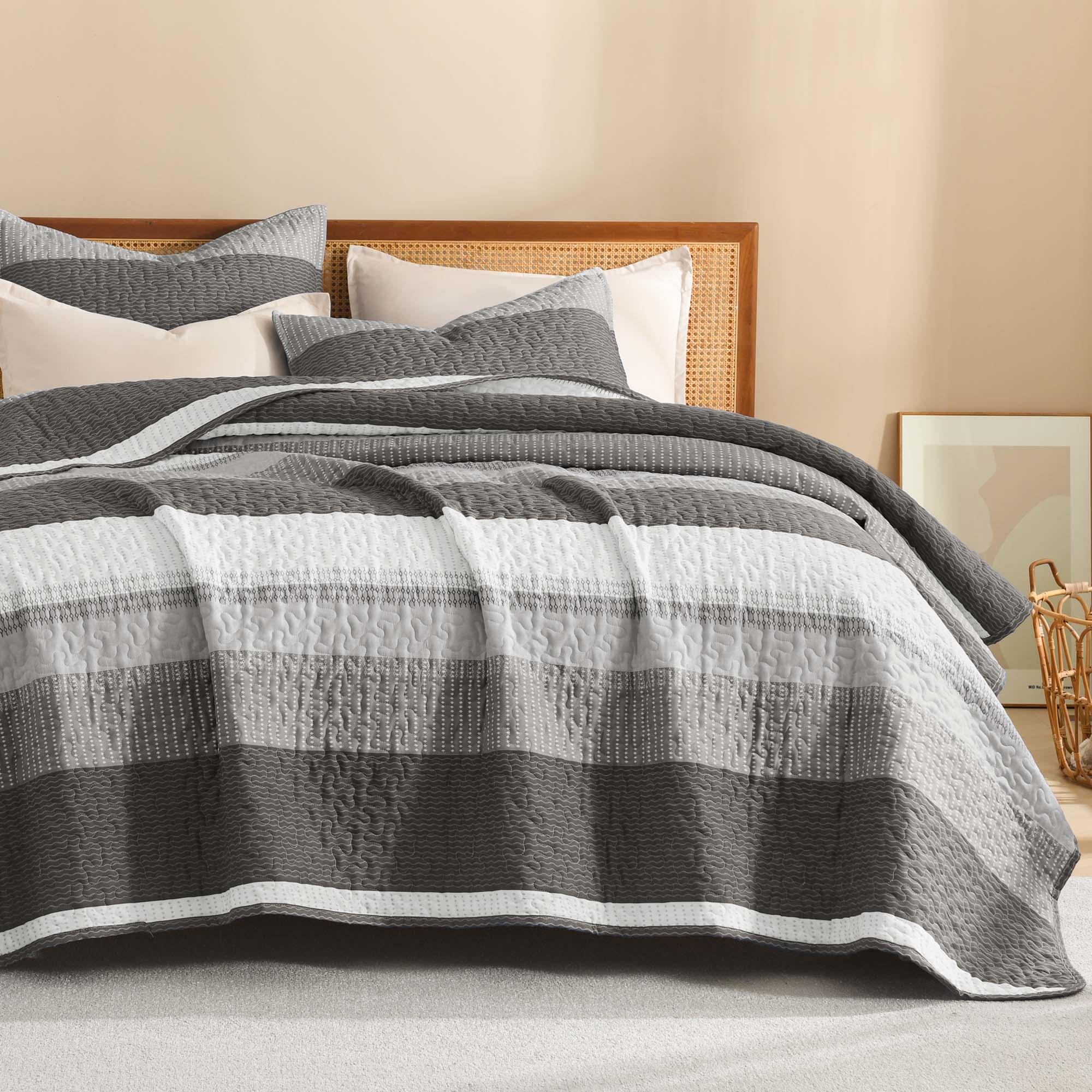 Stripe Patchwork Bedspread Soft Lightweight Microfiber Coverlet 3 Pieces Quilt Set - LITANIKA