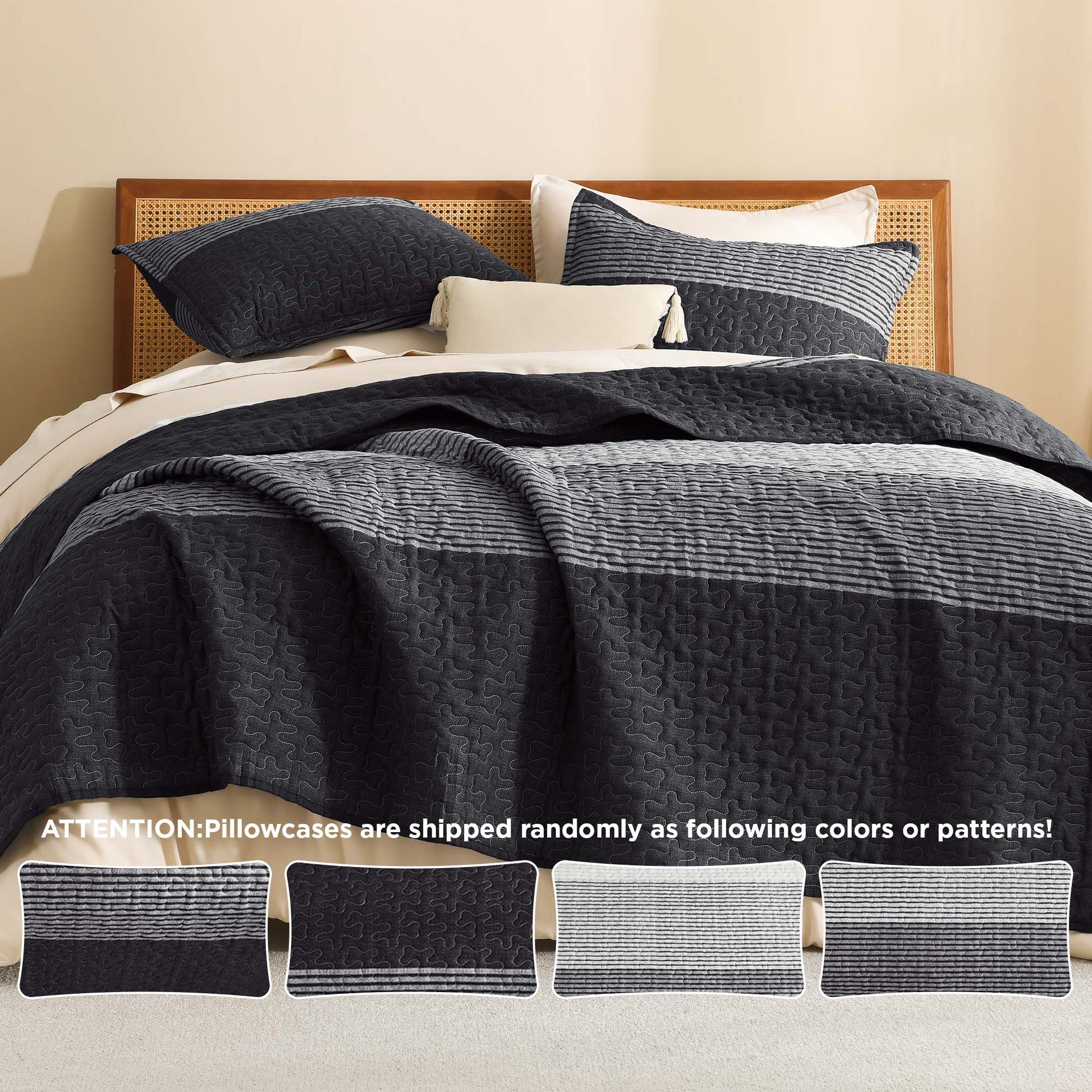 Stripe Patchwork Bedspread Soft Lightweight Microfiber Coverlet 3 Pieces Quilt Set - LITANIKA