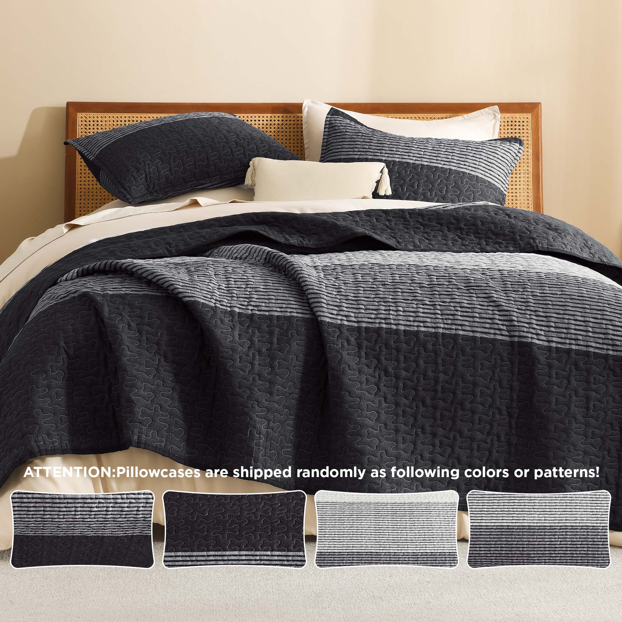 Stripe Patchwork Bedspread Soft Lightweight Microfiber Coverlet 3 Pieces Quilt Set - LITANIKA