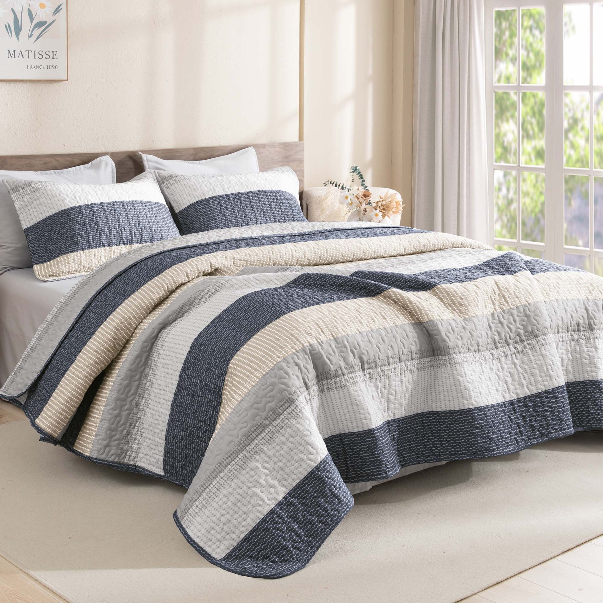 Stripe Patchwork Bedspread Soft Lightweight Microfiber Coverlet 3 Pieces Quilt Set - LITANIKA