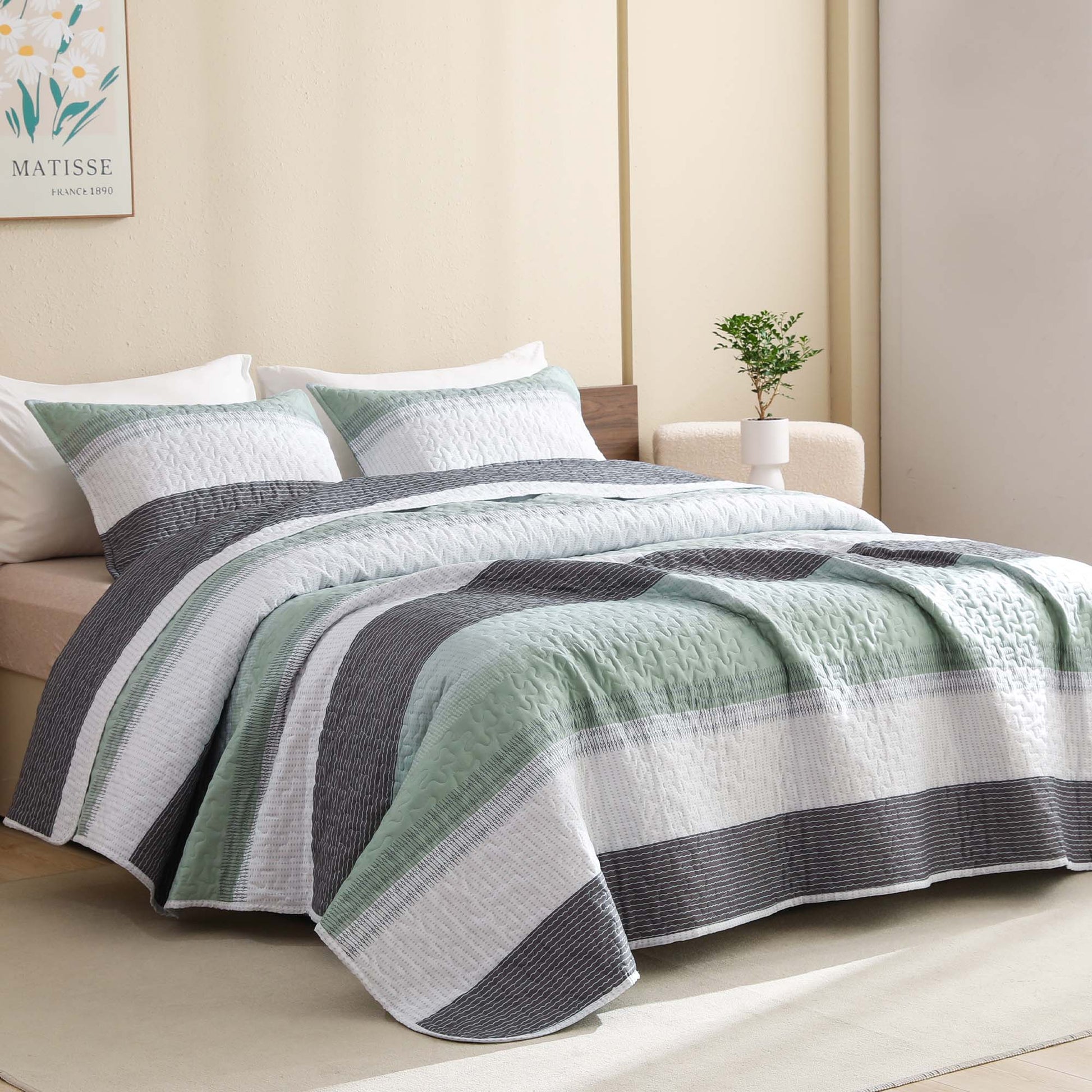 Stripe Patchwork Bedspread Soft Lightweight Microfiber Coverlet 3 Pieces Quilt Set - LITANIKA