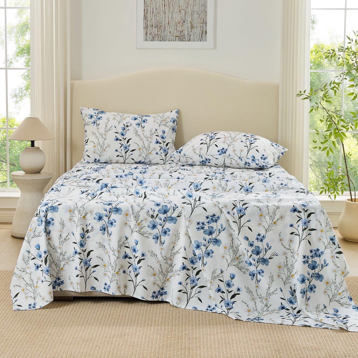 Sweet Pea Floral 4-piece sheet set by Litanika featuring soft bedding with a delicate floral pattern on smooth fabric.