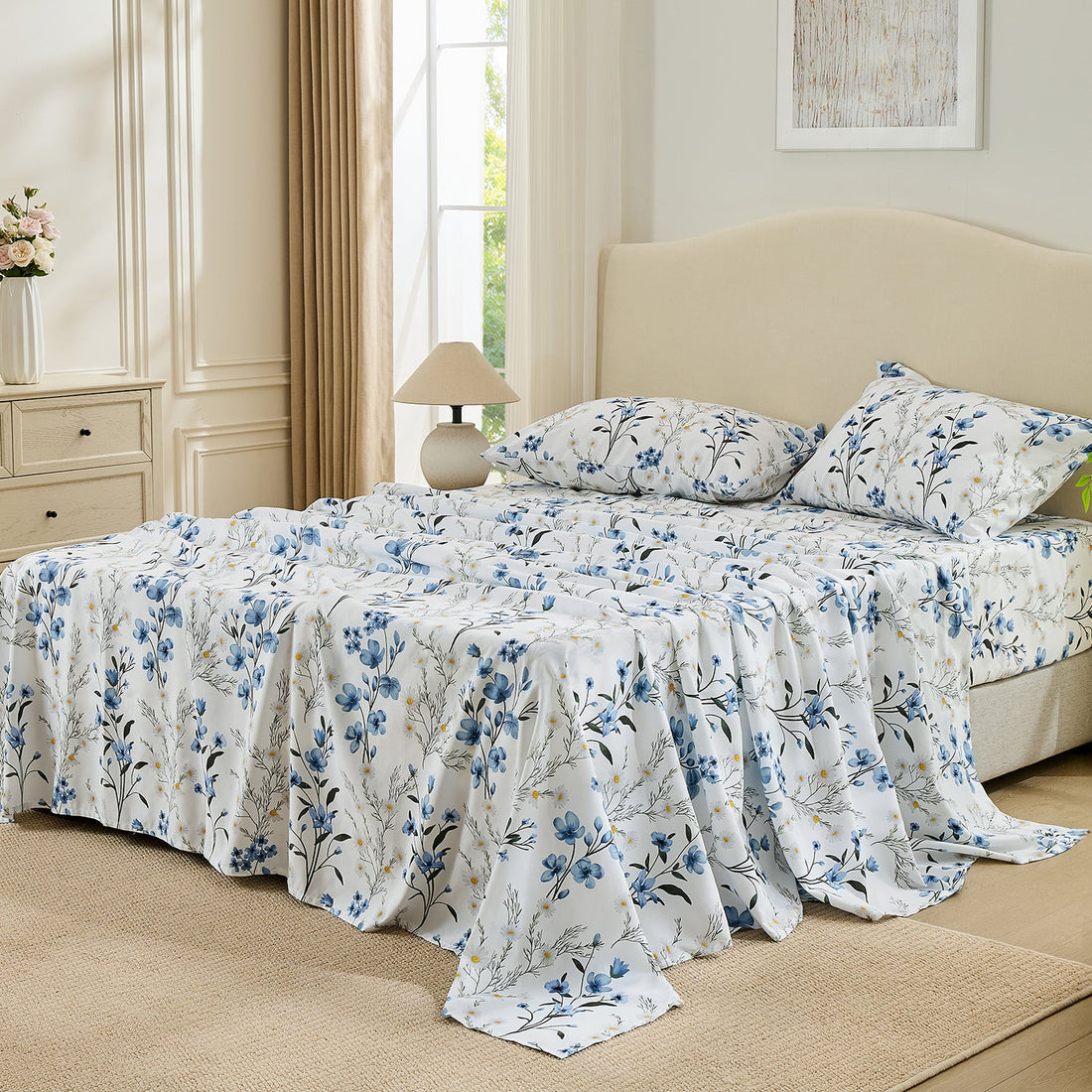 Litanika Sweet Pea Floral 4-piece bedding sheet set with colorful floral design on soft fabric