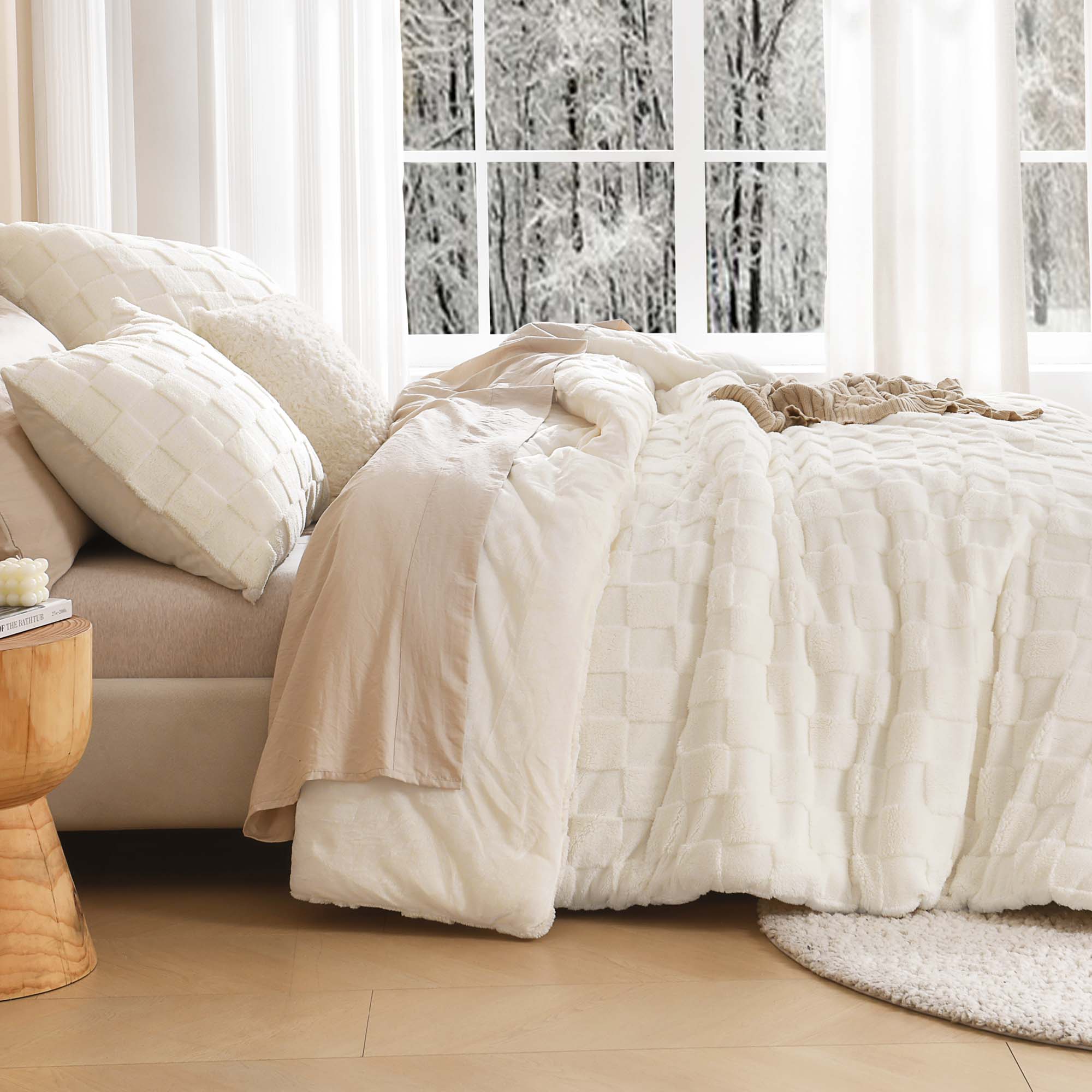 Winter Fluffy Warm Sherpa Fleece Checkered Plush Fuzzy 3 Pieces Comforter Set - LITANIKA