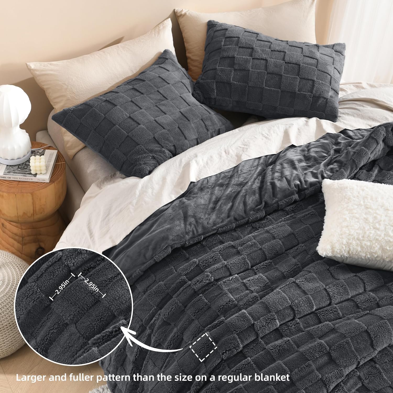 Litanika Sherpa fleece checkered comforter set with plush, fuzzy, and warm bedding for cozy winter nights.