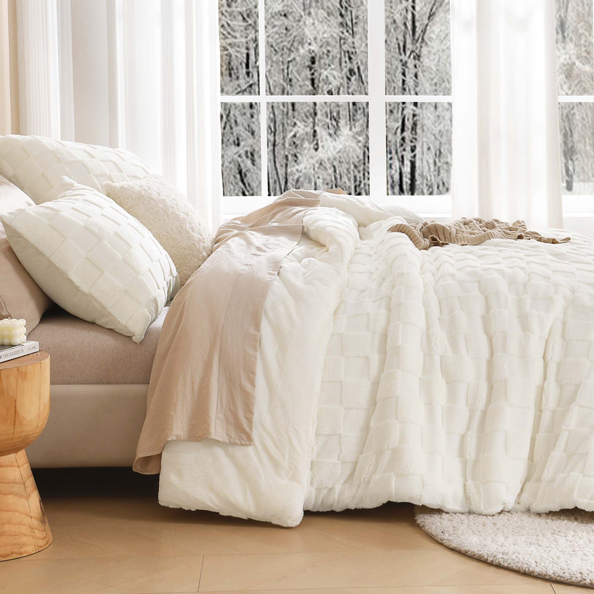 Winter Fluffy Warm Sherpa Fleece Checkered Plush Fuzzy 3 Pieces Comforter Set - LITANIKA