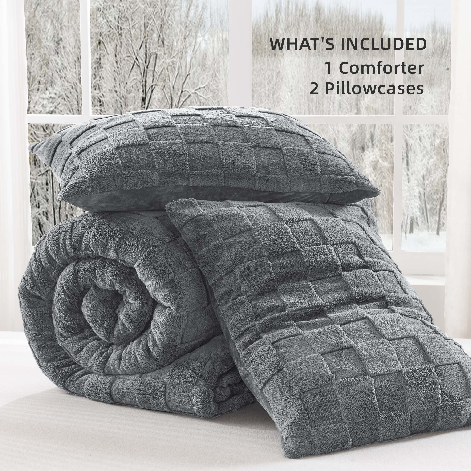Winter Fluffy Warm Sherpa Fleece Checkered Plush Fuzzy 3 Pieces Comforter Set - LITANIKA
