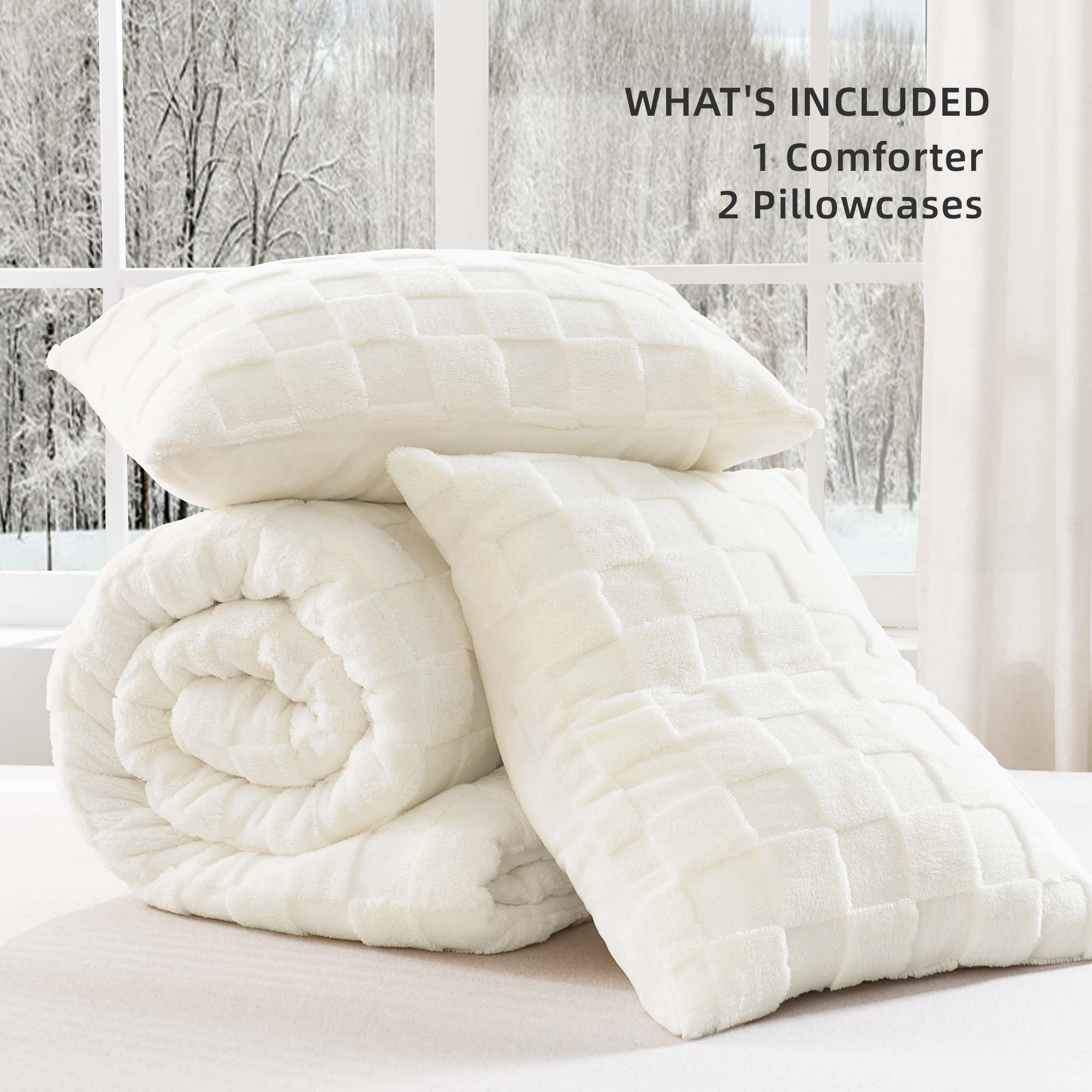 Winter Fluffy Warm Sherpa Fleece Checkered Plush Fuzzy 3 Pieces Comforter Set - LITANIKA