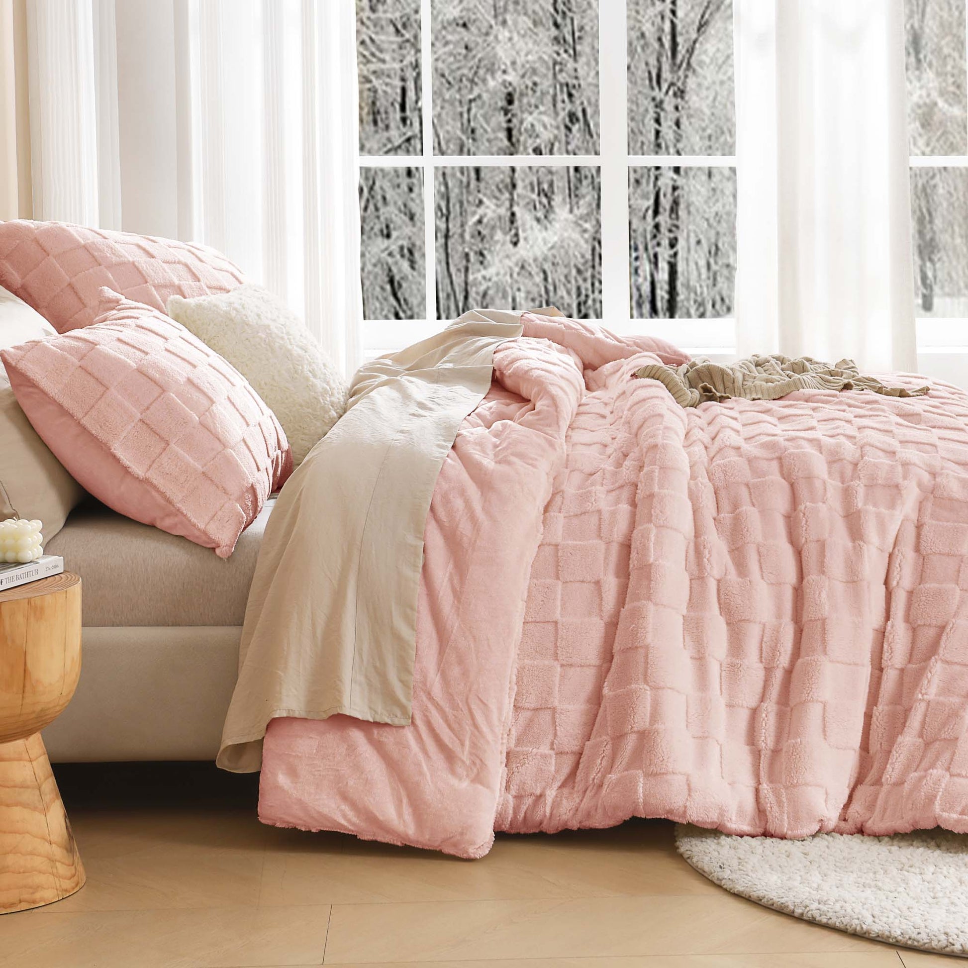 Winter Fluffy Warm Sherpa Fleece Checkered Plush Fuzzy 3 Pieces Comforter Set - LITANIKA