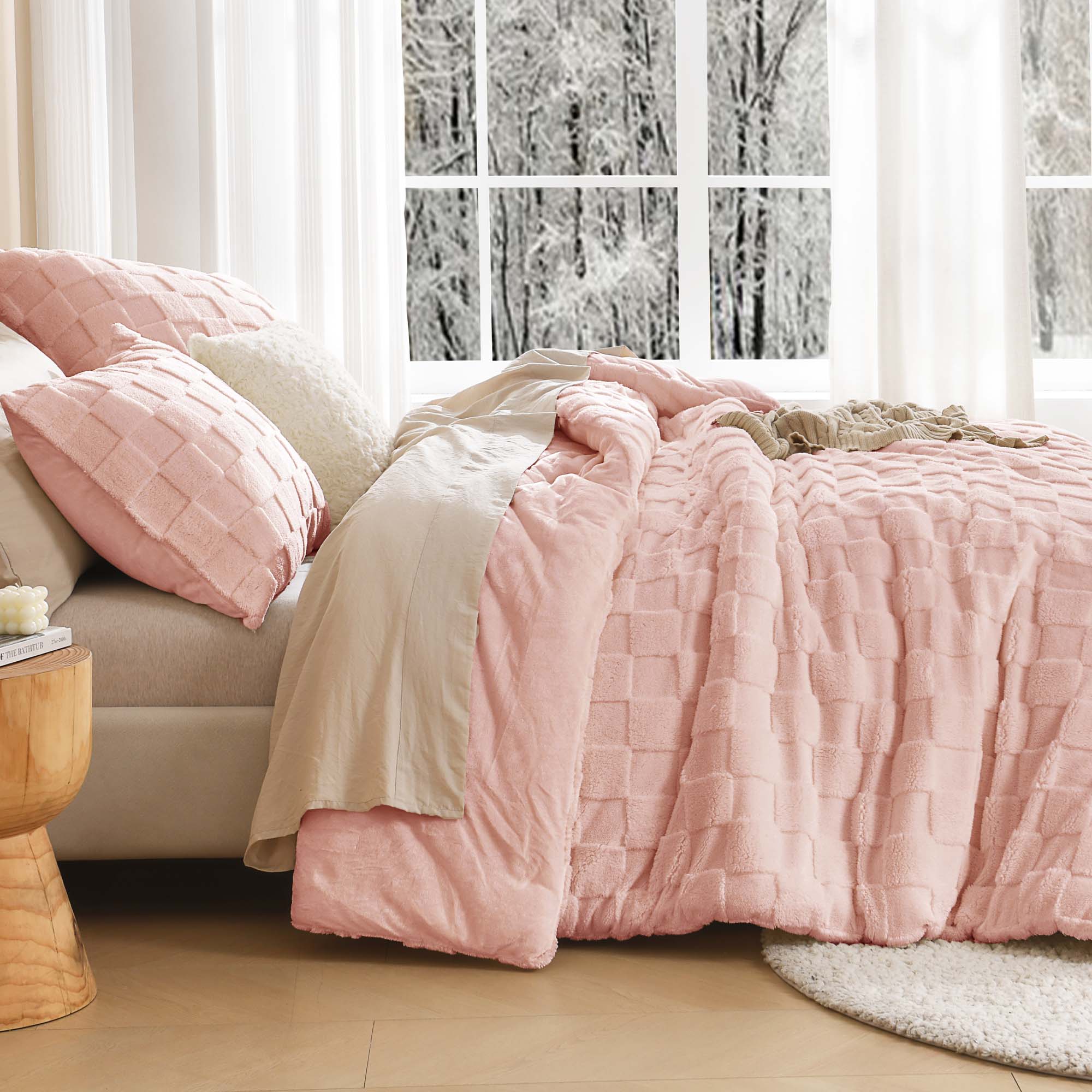 Winter Fluffy Warm Sherpa Fleece Checkered Plush Fuzzy 3 Pieces Comforter Set - LITANIKA