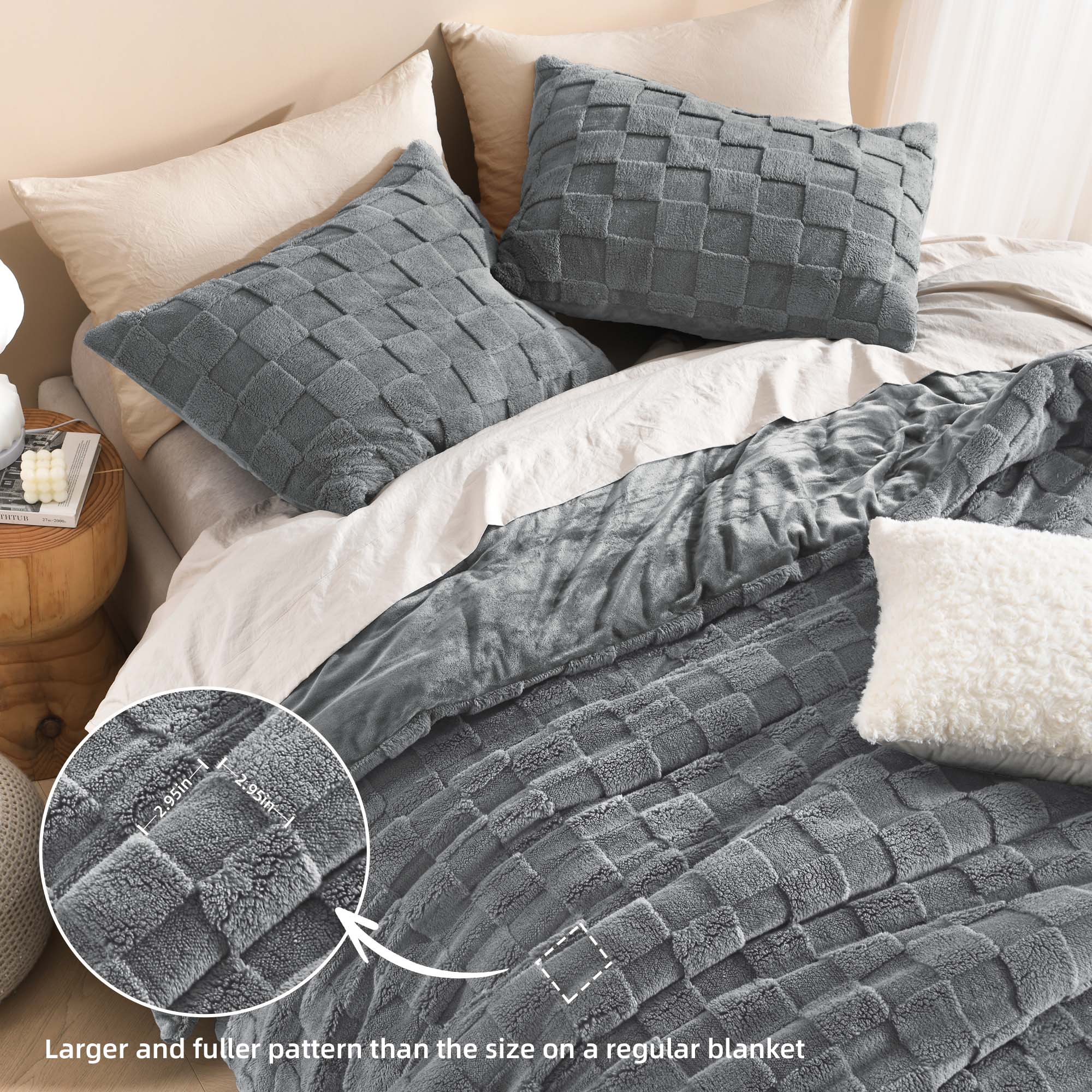 Winter Fluffy Warm Sherpa Fleece Checkered Plush Fuzzy 3 Pieces Comforter Set - LITANIKA