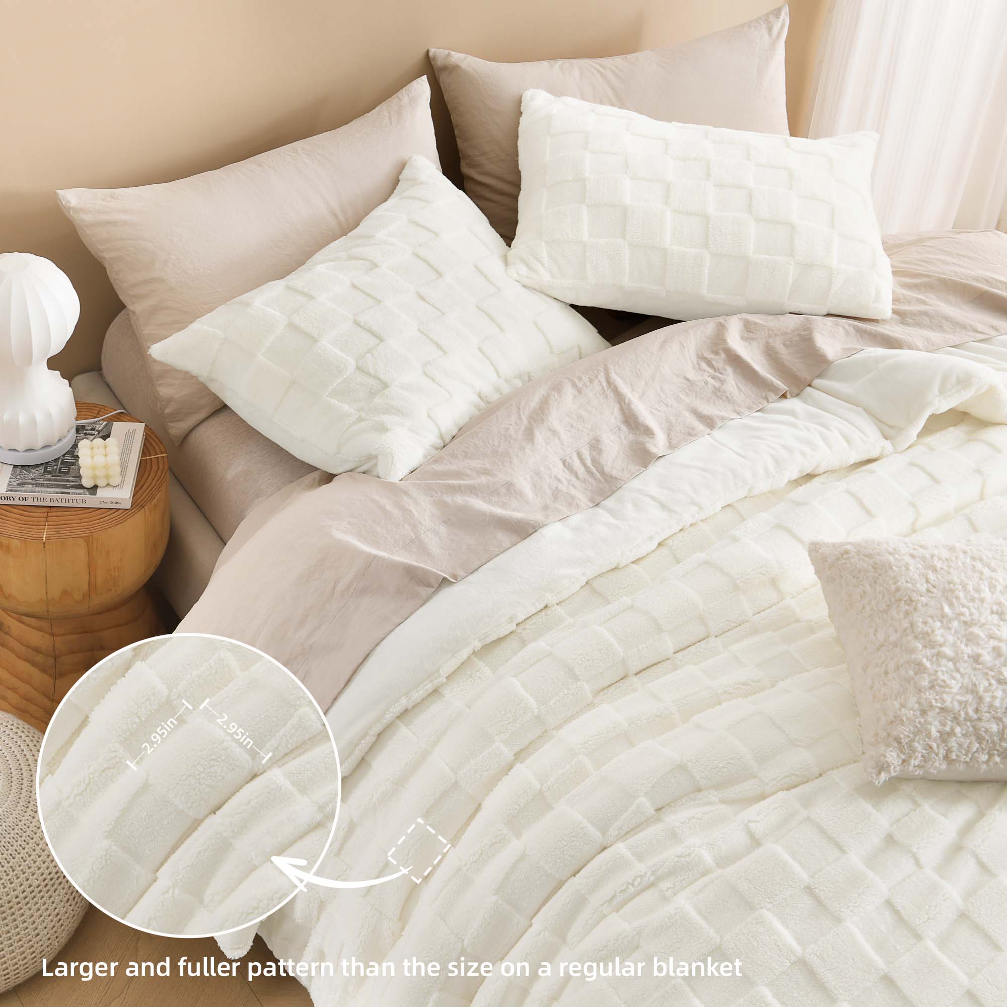 Winter Fluffy Warm Sherpa Fleece Checkered Plush Fuzzy 3 Pieces Comforter Set - LITANIKA
