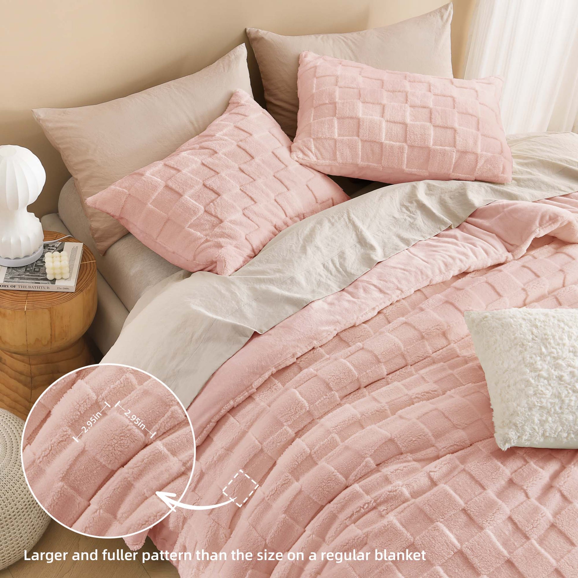 Winter Fluffy Warm Sherpa Fleece Checkered Plush Fuzzy 3 Pieces Comforter Set - LITANIKA