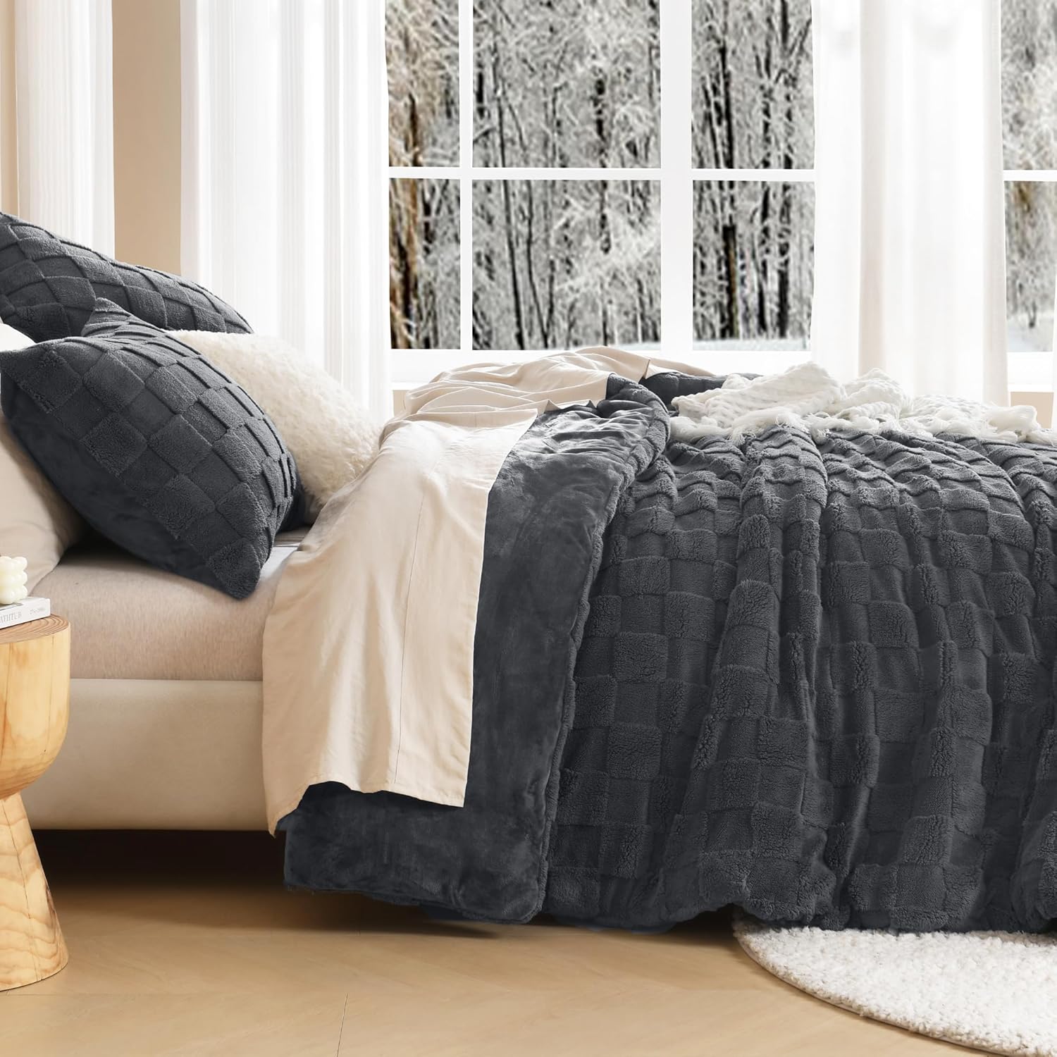 Litanika Sherpa fleece checkered comforter set with plush, fuzzy texture, designed for cozy winter bedding.